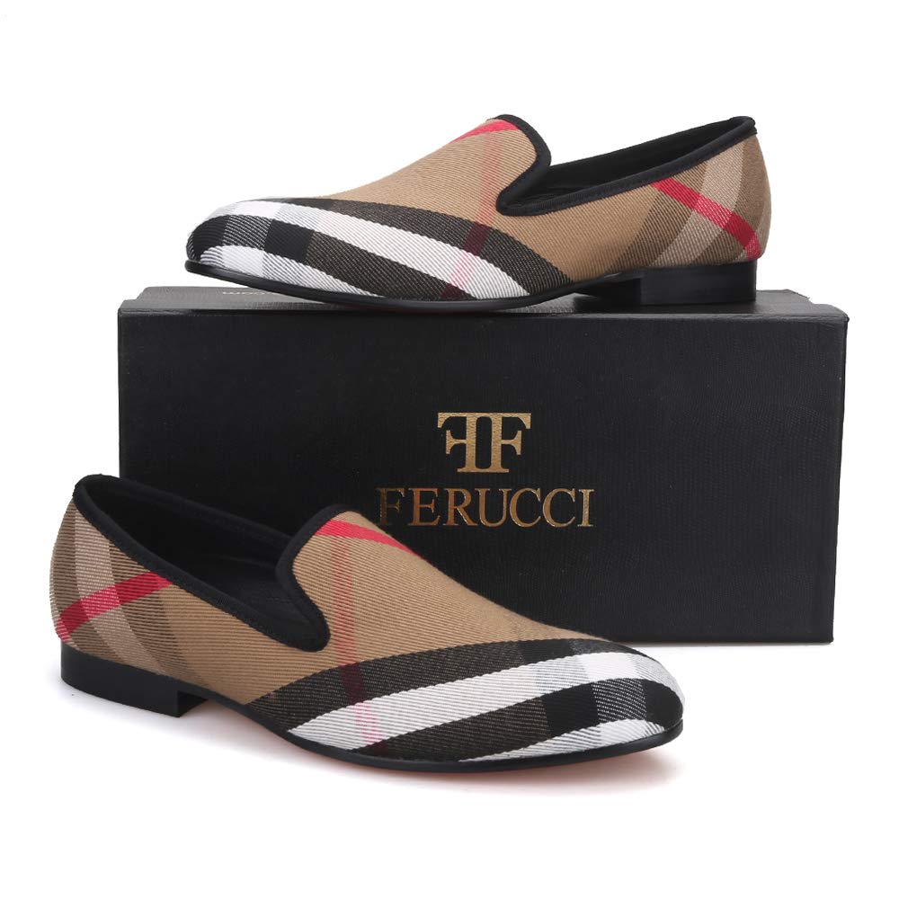 FERUCCI Men's Plaid Khaki Fabric Loafers - Comfortable Casual & Wedding Slippers for Prom, Office & Home Use