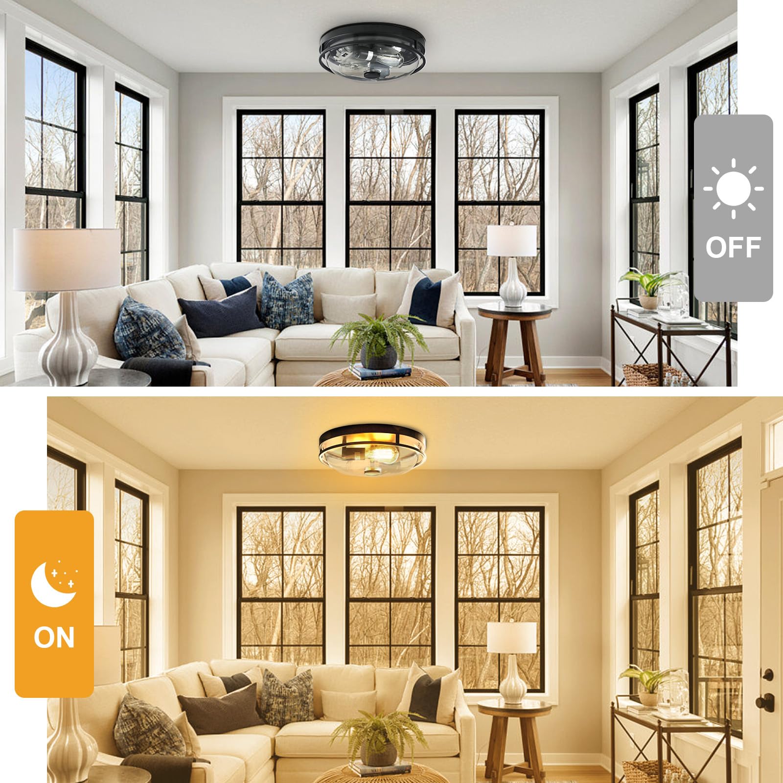 2-Light Flush Mount Ceiling Light with Clear Glass Shade - Indoor/Outdoor Farmhouse Lighting for Kitchen, Bedroom, Porch, Living & Dining Room - Perfect for Modern and Rustic Home Decor