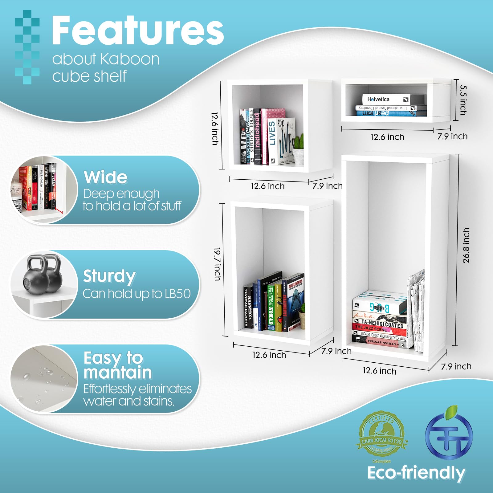 Kaboon Floating Wall Mount Shelf Set of 4 - White Large Cube Shelves for Home & Office Decor | Perfect for Living Room, Bedroom, Kitchen & Commercial Spaces