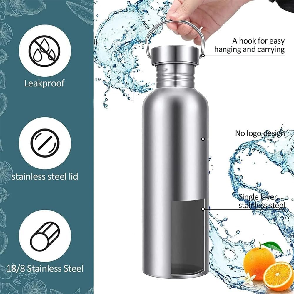 Stainless Steel Water Bottle with Bamboo Cap - 1000ml for Cycling, Running & Hiking
