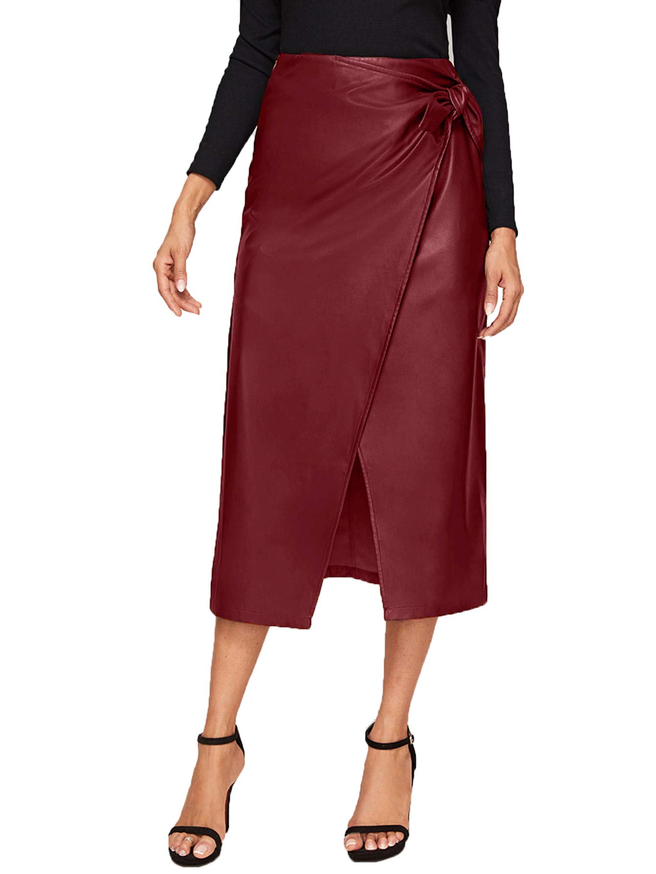 SweatyRocks Women's High Waist PU Leather Midi Skirt - Elegant Tie Knot Wrap Design for Office, Party & Date Night Outfits