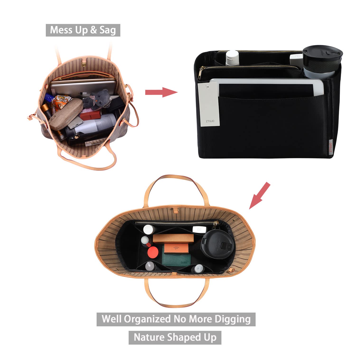ZTUJO Felt Purse Organizer Insert for Louis Vuitton Speedy, Neverfull, Graceful & Tote Bags - Handbag Shaper & Storage Solution for Travel, Work & Daily Use
