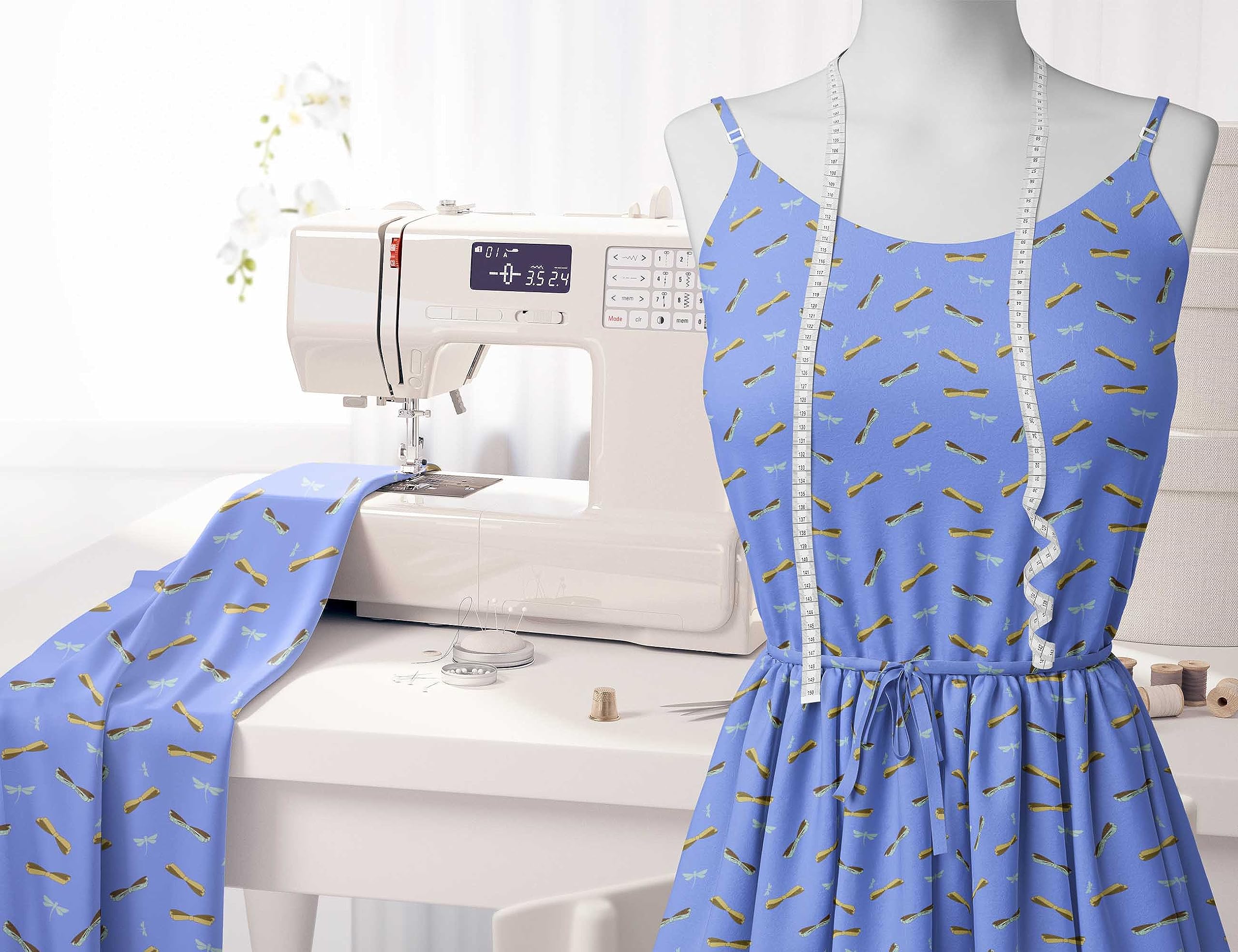 Soimoi Moss Georgette Blue Fabric by The Yard - 42 Inch Wide Printed Textile with Bow & Dragonfly Design for Fashionable Creations | Perfect for Dresses, Scarves, Home Decor and DIY Sewing Projects
