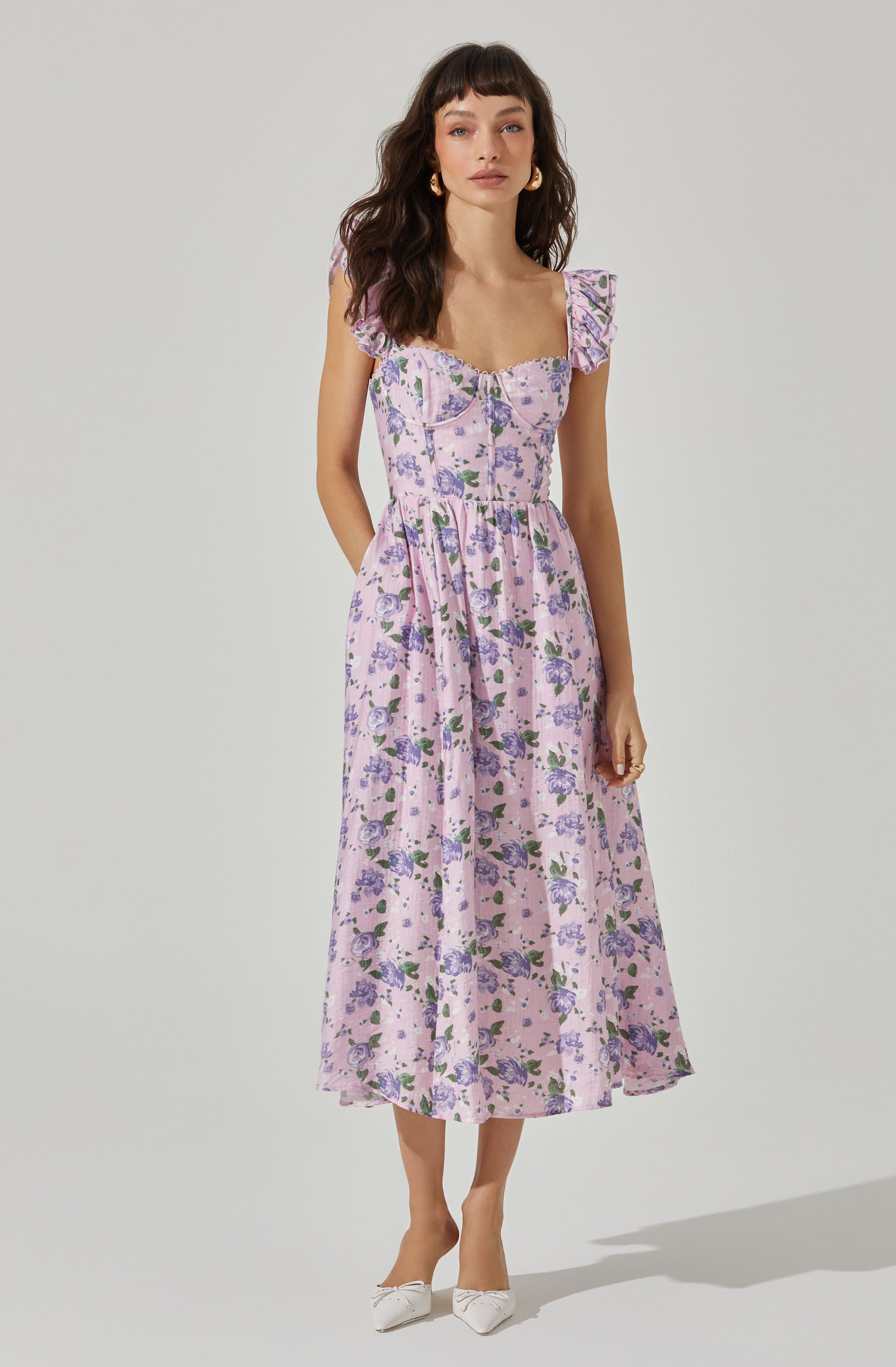 Wedelia Floral Bustier Midi Dress for Women - Summer Flowy Boho Dress with Ruffles & Lace Trim - Perfect for Beach Weddings, Date Nights & Vacation Outfits