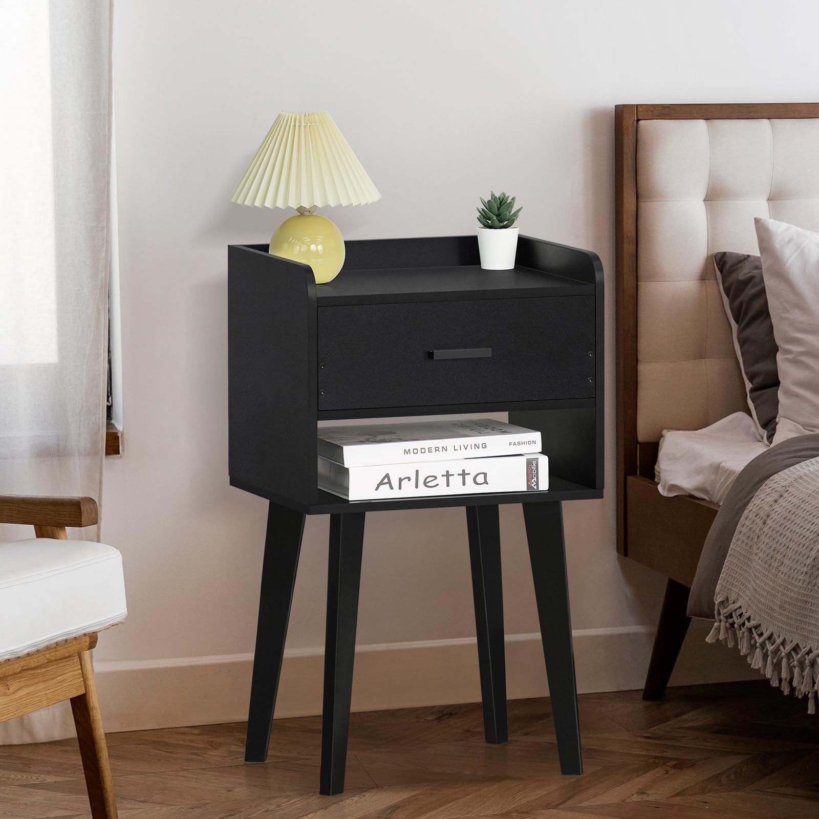 Modern Black Nightstand with Drawer - Wooden Bedside Table for Small Spaces, Storage Side Table - Perfect for Bedroom, Living Room, Dorm & Office (26.38