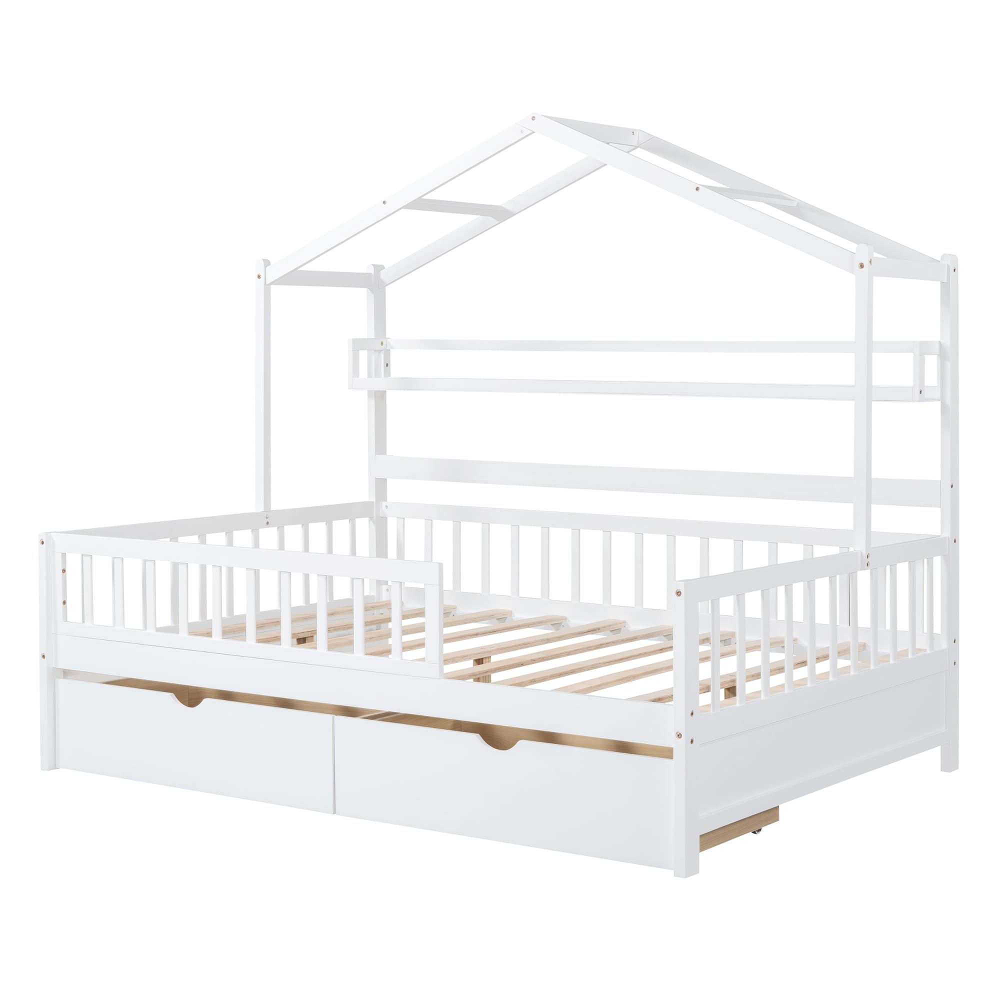 DEINPPA Full House Wooden Bed Frame for Kids with Drawers, Shelf & Safety Guardrails - No Box Spring Needed - Decorative Roof Design - Ideal for Boys, Girls, Toddlers & Children's Bedrooms (White) - Perfect for Small Spaces & Themed Kids' Rooms