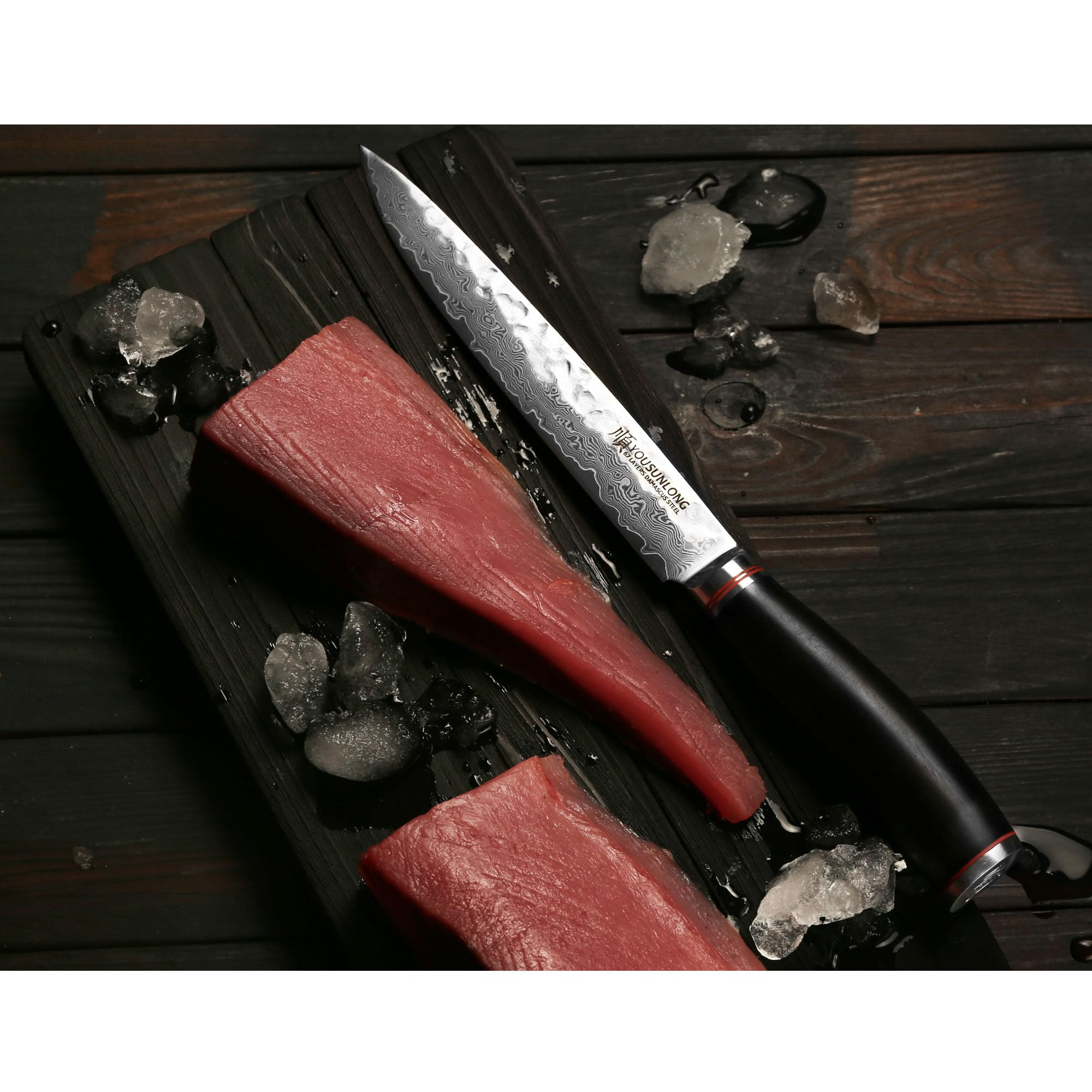 Premium 8 Inch Japanese Damascus Carving Knife - Handcrafted Hammered Steel Blade with Natural Leadwood Handle & Leather Sheath - Perfect for Slicing Meat, Vegetables & Culinary Arts