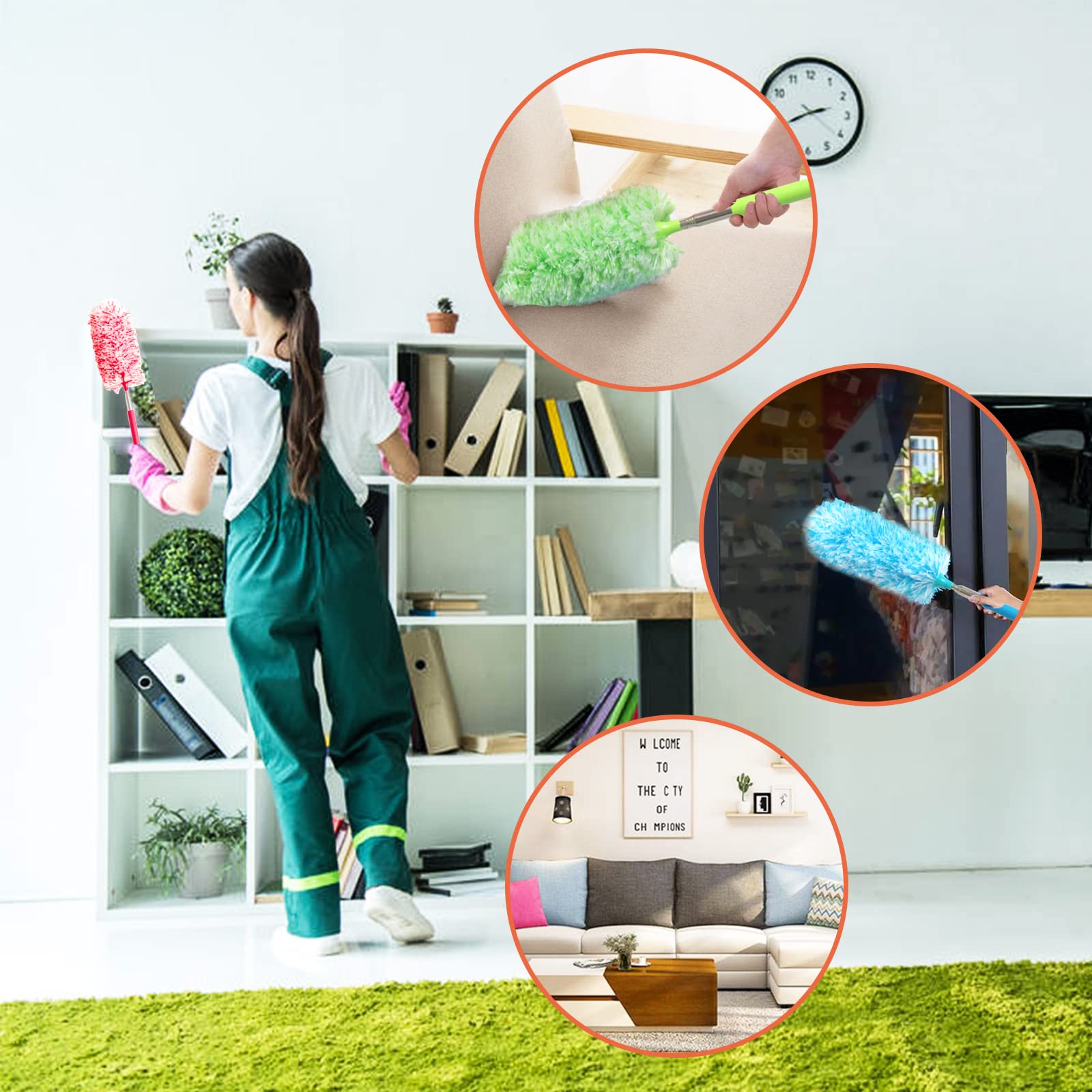 4-Pack Washable Microfiber Duster Set - Extendable Dusting Brush for Home, Office, Car, Computer & AC Cleaning | Reusable Cleaning Tool for Furniture, Electronics & Hard-to-Reach Areas