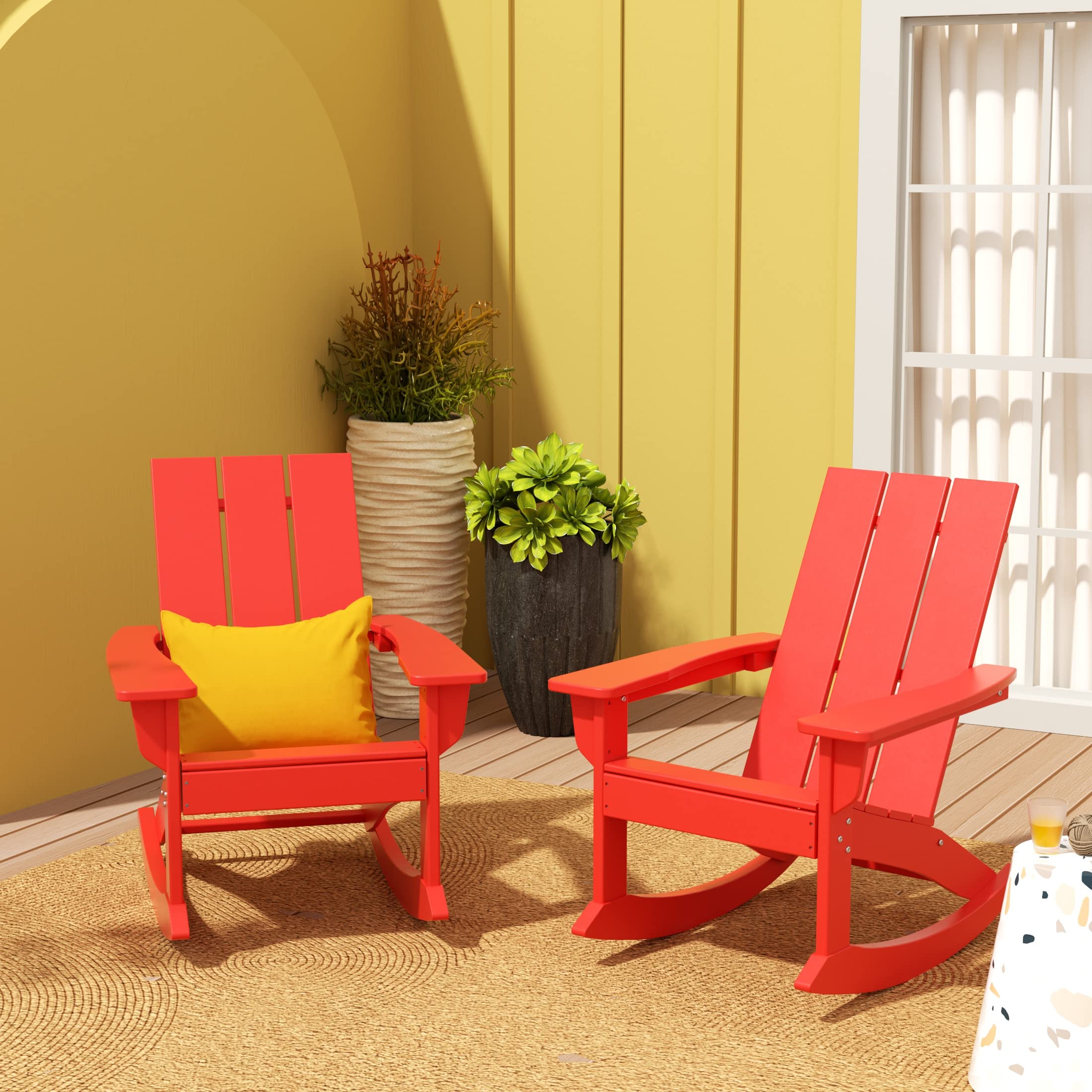 WO Home Furniture Adirondack Rocking Chair Set of 2 - All-Weather UV-Resistant Outdoor Patio Chairs for Garden, Deck, Porch & Backyard (Red)