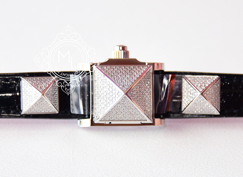 Luxury Hermes Pave Diamond Medor CDC Black Crocodile Watch Bracelet - Elegant Jewelry for Women, Perfect for Parties, Weddings & Special Occasions