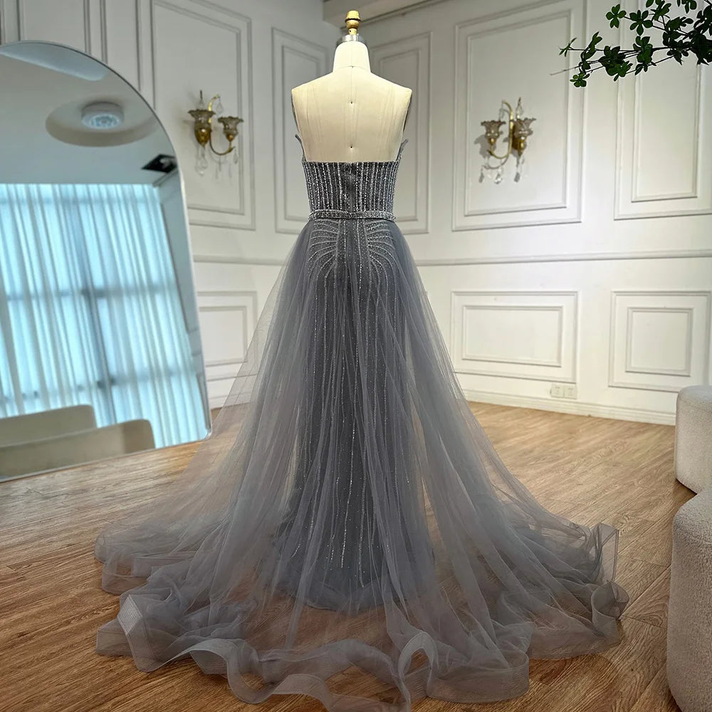 Elegant Strapless Pink Pearl Beaded Arabic Mermaid Evening Gown with Detachable Overskirt LA72811B - Perfect for Weddings, Prom, Gala & Formal Events