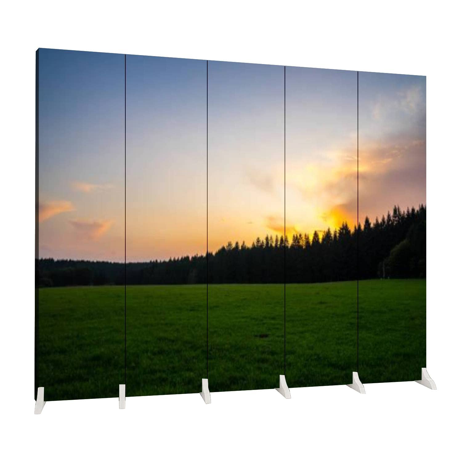 5-Panel Folding Room Divider - Sunset Sky & Forest Green Canvas Privacy Screen for Indoor Spaces | Freestanding Partition Wall for Home, Office & Bedroom Decor | Durable German-Made Room Separator