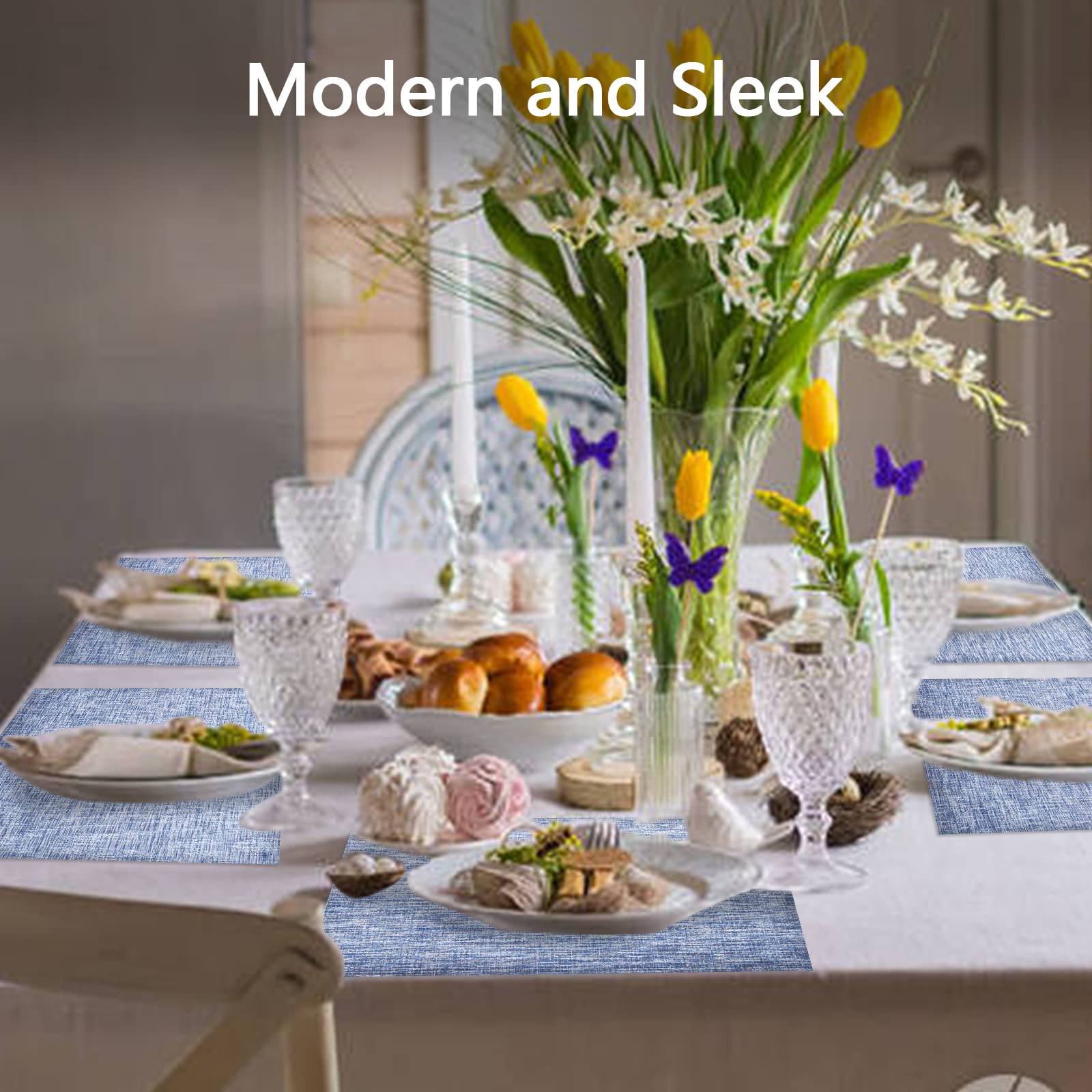 6-Pack Woven Vinyl Placemats for Dining Table - Waterproof & Washable Indoor/Outdoor Placemat Set (Blue) - Perfect for Kitchen, Patio, Picnic & Party Use