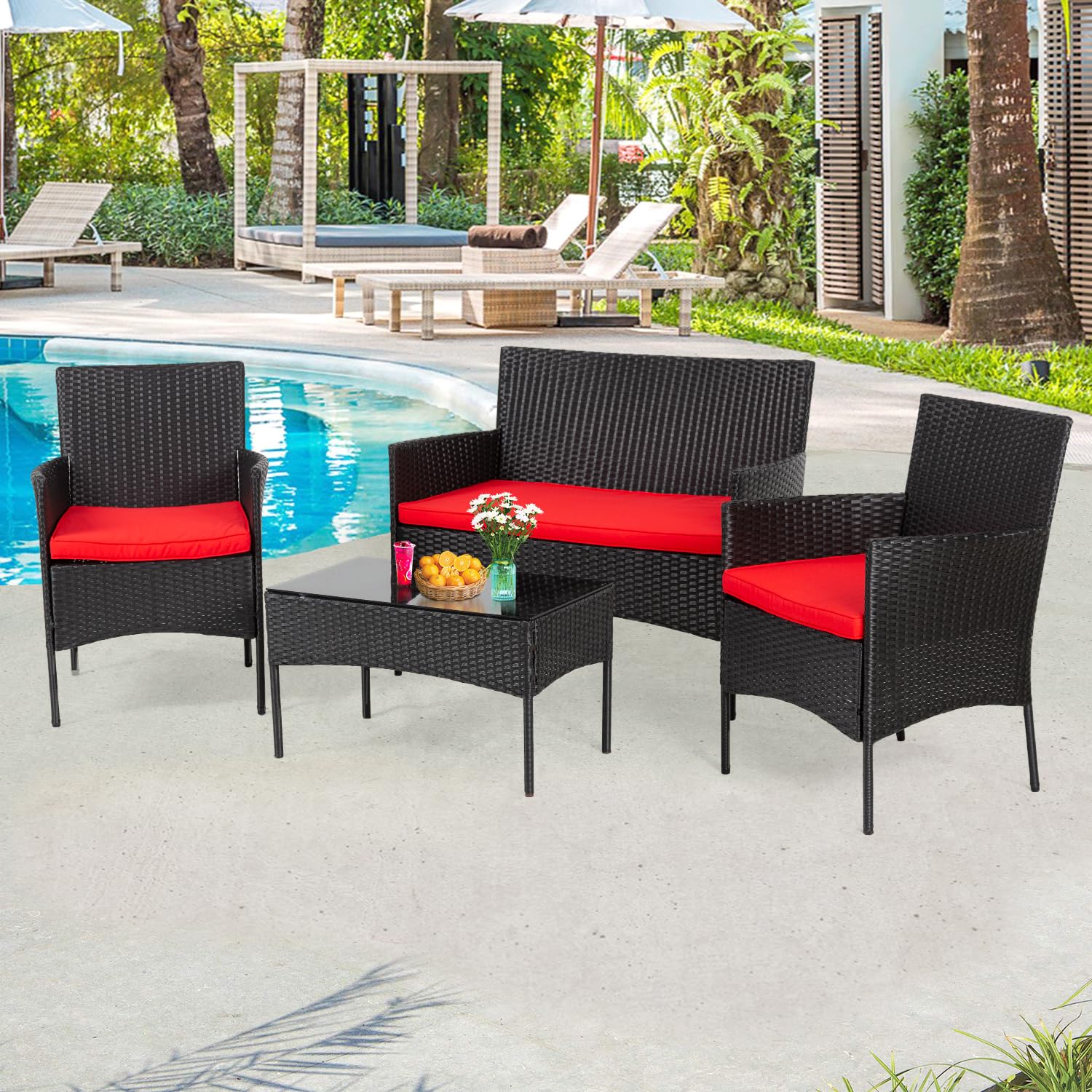 **PayLessHere 4-Piece Outdoor Patio Furniture Set - Water-Resistant Rattan Chairs & Tempered Glass Table with Cushions - Perfect for Patio, Balcony, Poolside & Garden (Red)**
