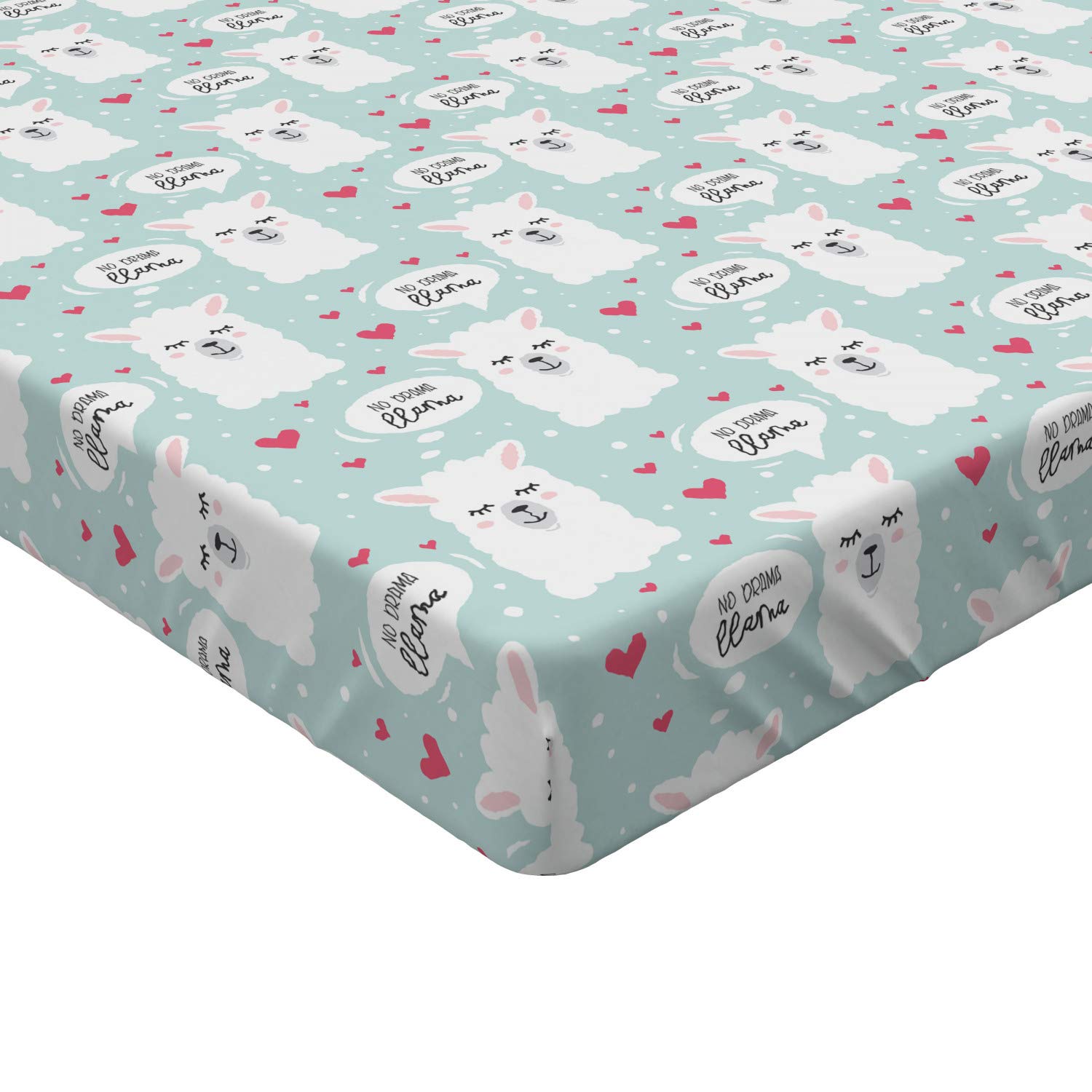Lunarable No Drama Llama Fitted Sheet with Hearts & Alpaca Design, Deep Pocket Elastic Bed Cover - Twin Size, Almond Green Pink White | Soft & Comfortable for Kids' Rooms, Dorm Decor, Cozy Bedroom Makeover