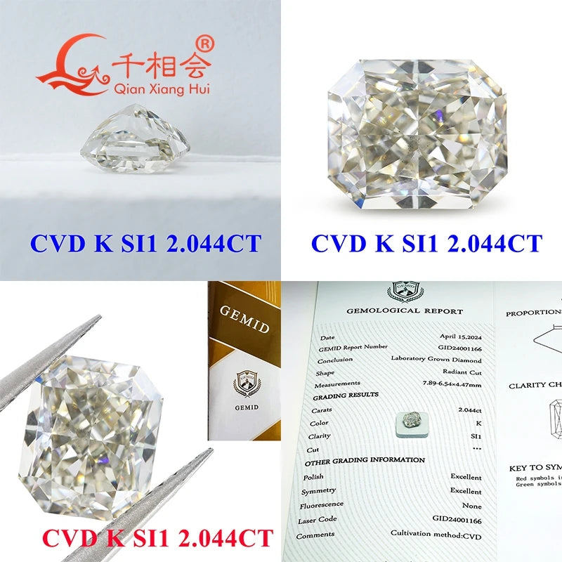 1ct & 2ct Lab Grown CVD Diamond - K White Color VS-SI1 Clarity Radiant Cut | GEMID Certified Loose Stone for Engagement Rings & Jewelry Making