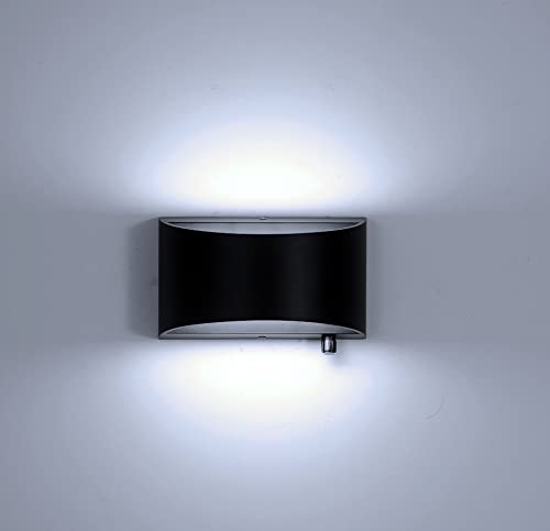 Modern Dimmable LED Wall Sconce Light Fixture 12W - Up/Down Aluminum Vanity Wall Lighting with Switch for Living Room Bedroom Hallway (Black, 6000K) - Perfect for Ambient Lighting & Home Decor
