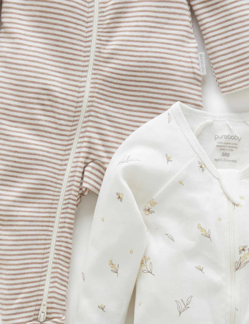 Purebaby Organic Cotton Zip Growsuit 2-Pack - Vanilla Wattle Bee Print | Soft Baby Sleepwear for Newborns & Infants | Perfect for Daycare, Playtime & Comfortable Sleep