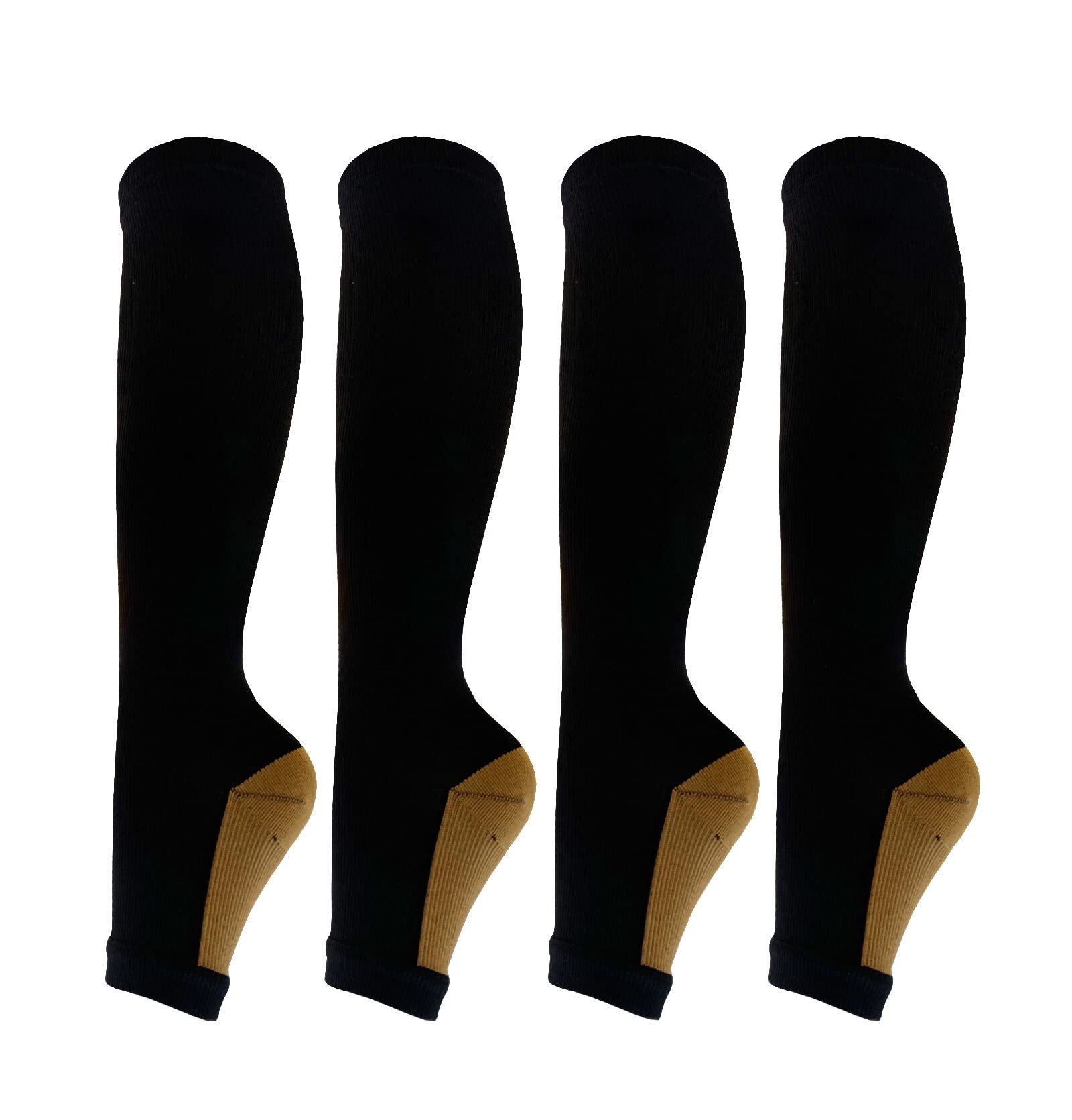 Copper Open Toe Compression Socks for Women & Men - 4 Pairs Toeless Compression Stockings for Nurses, Runners & Travelers - Improve Circulation & Reduce Swelling