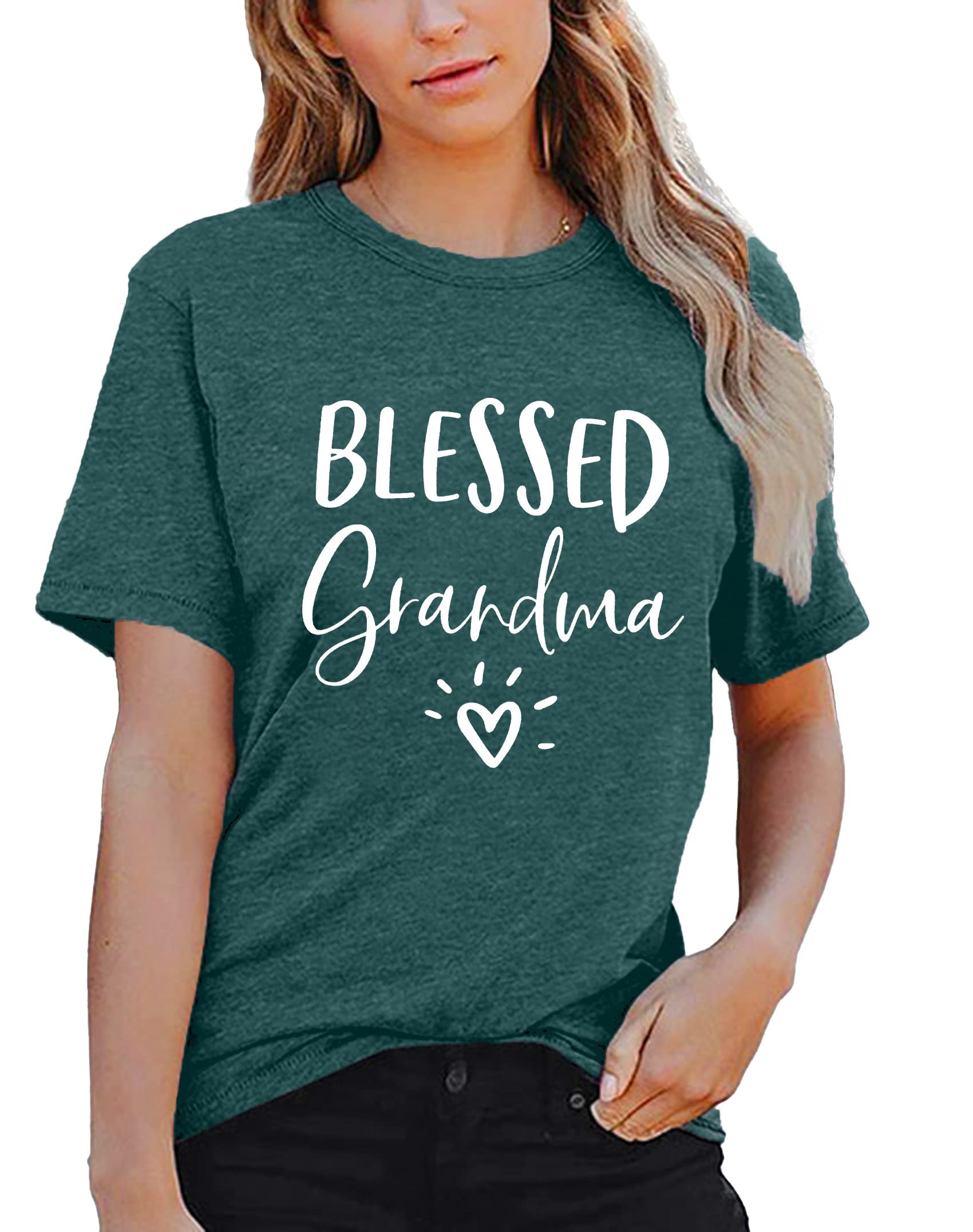 Blessed Grandma T-Shirt for Women - Heart Graphic Tee - Comfortable Cotton Top - Perfect Gift for Grandmothers (Green) - Ideal for Family Gatherings, Mother's Day & Birthday Celebrations