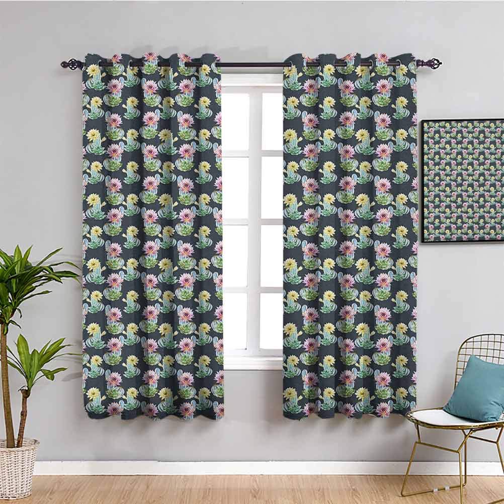 Blackout Window Curtains 72x84 Inch - Cactus & Mexican Indigenous Flowers Watercolor Design, Easy Clean Foliage Pattern Drapes for Living Room & Bedroom