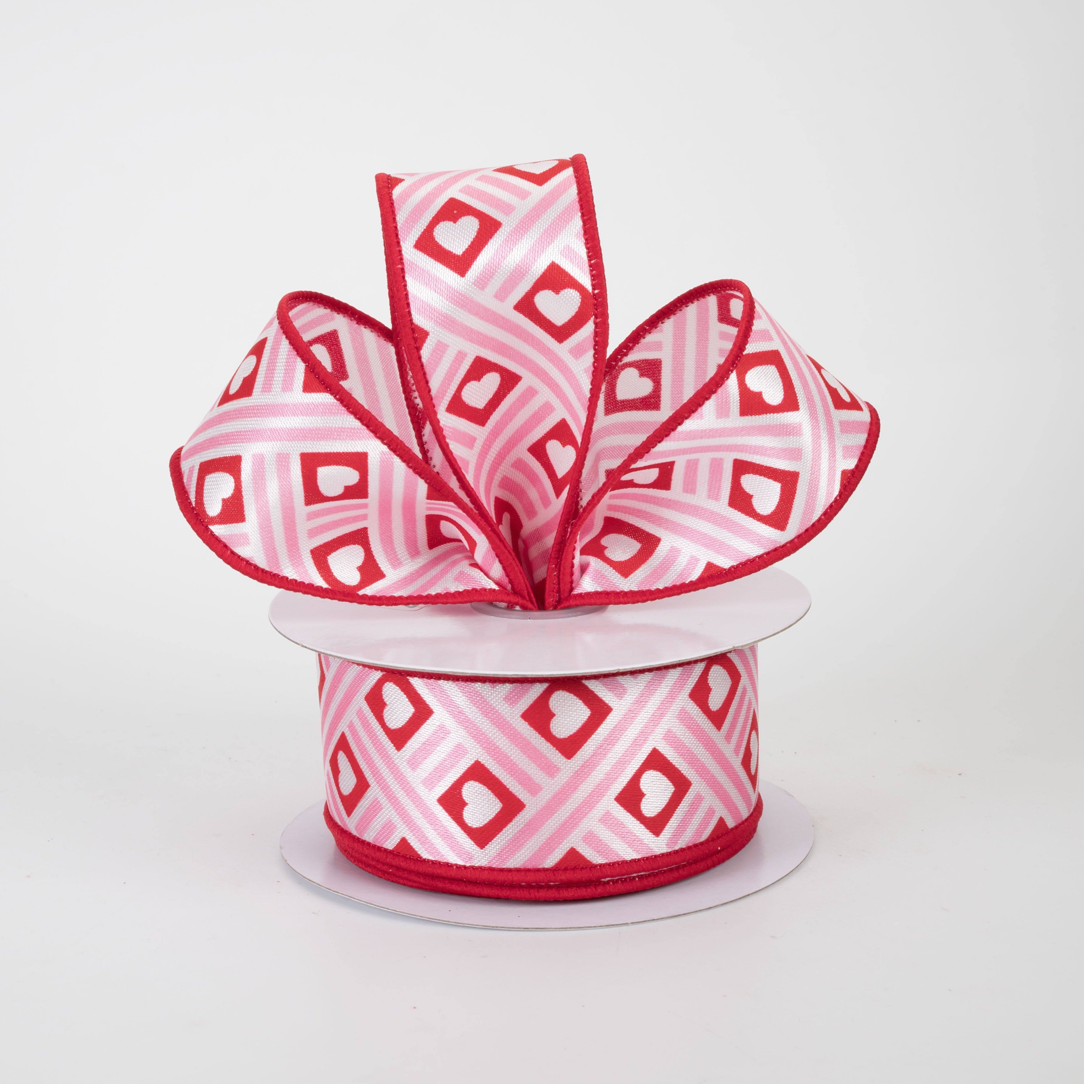 1.5 Inch Diamond Hearts & Stripes Ribbon - Red & Pink Craft Ribbon (10 Yards) for DIY Scrapbooking, Gift Wrapping & Party Decorations
