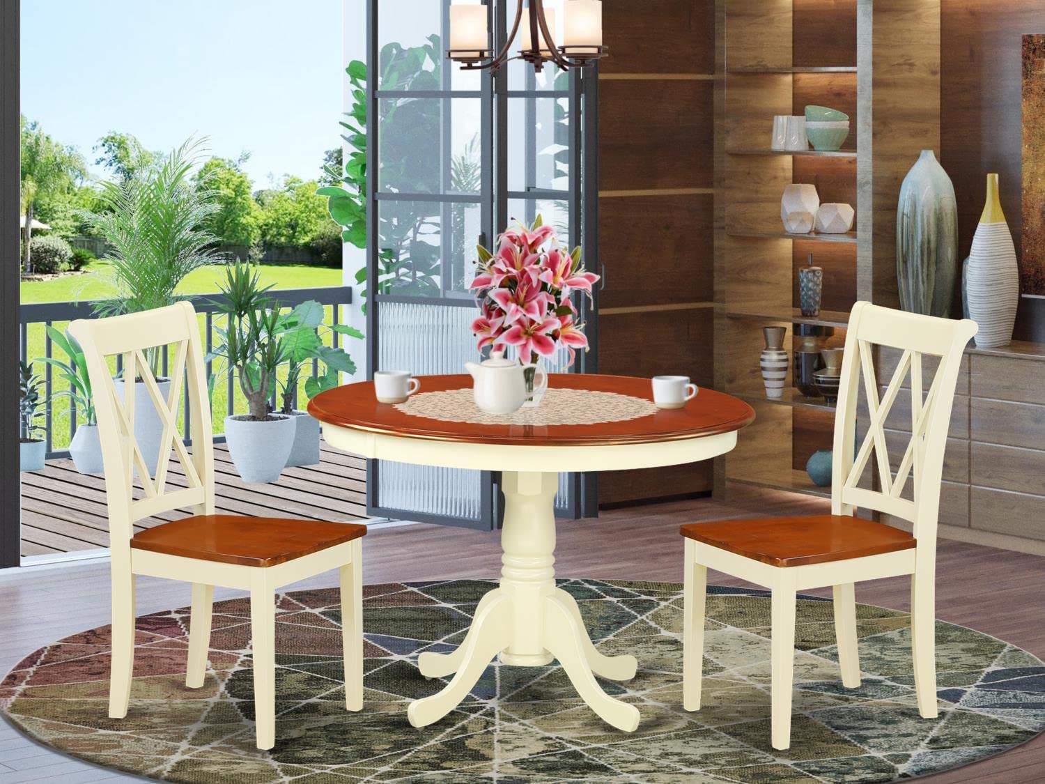 East West Furniture HLCL3-BMK-W 3-Piece Round Kitchen Dining Table Set with Pedestal Base & 2 Chairs, 42x42 Inch, Buttermilk & Cherry - Perfect for Small Spaces, Breakfast Nooks, and Cozy Apartments