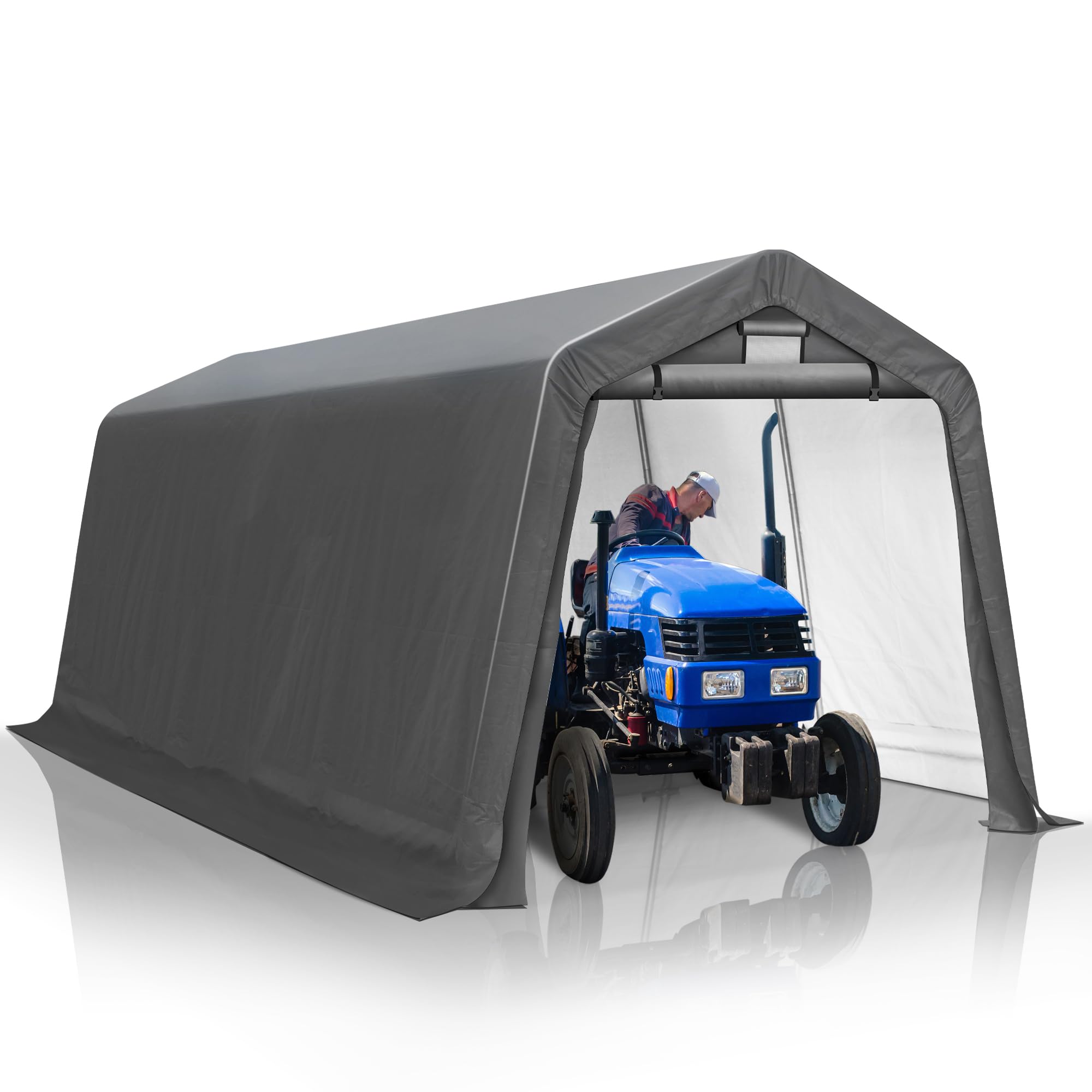 8' x 14' Heavy Duty Outdoor Storage Shelter Shed - Waterproof Portable Garage with Roll-up Ventilated Windows for Bike, ATV, Motorcycle, Lawn Equipment - Perfect for Backyard, Patio, and Driveway Storage (Gray)