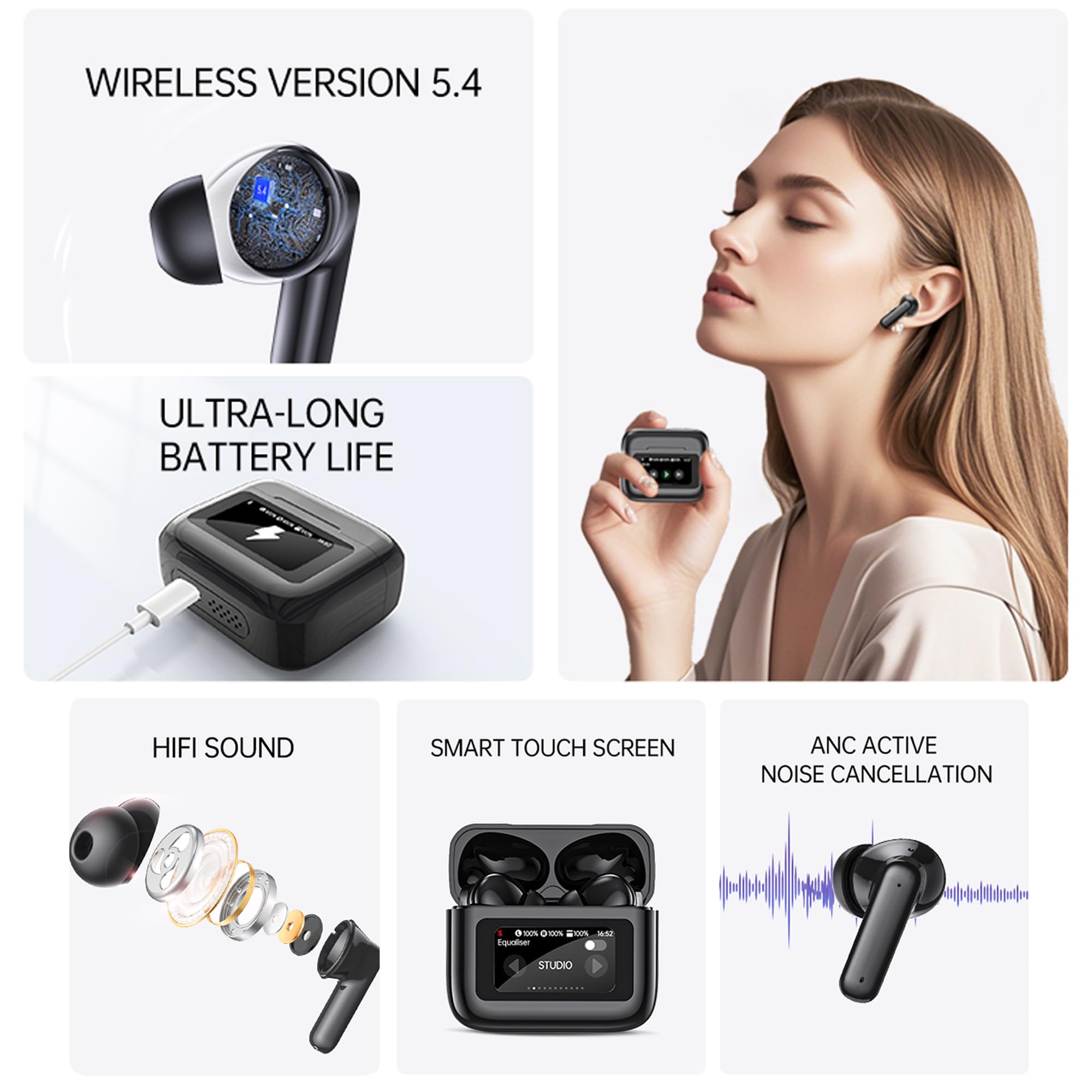 AI Wireless Earbuds with Bluetooth 5.0 | LCD Touch Screen & 3-in-1 Real-Time Language Translator | HD Sound & 30H Battery Life | Over-Ear Noise Cancelling Headphones for Travel, Business Meetings, Gym Workouts & Daily Commute