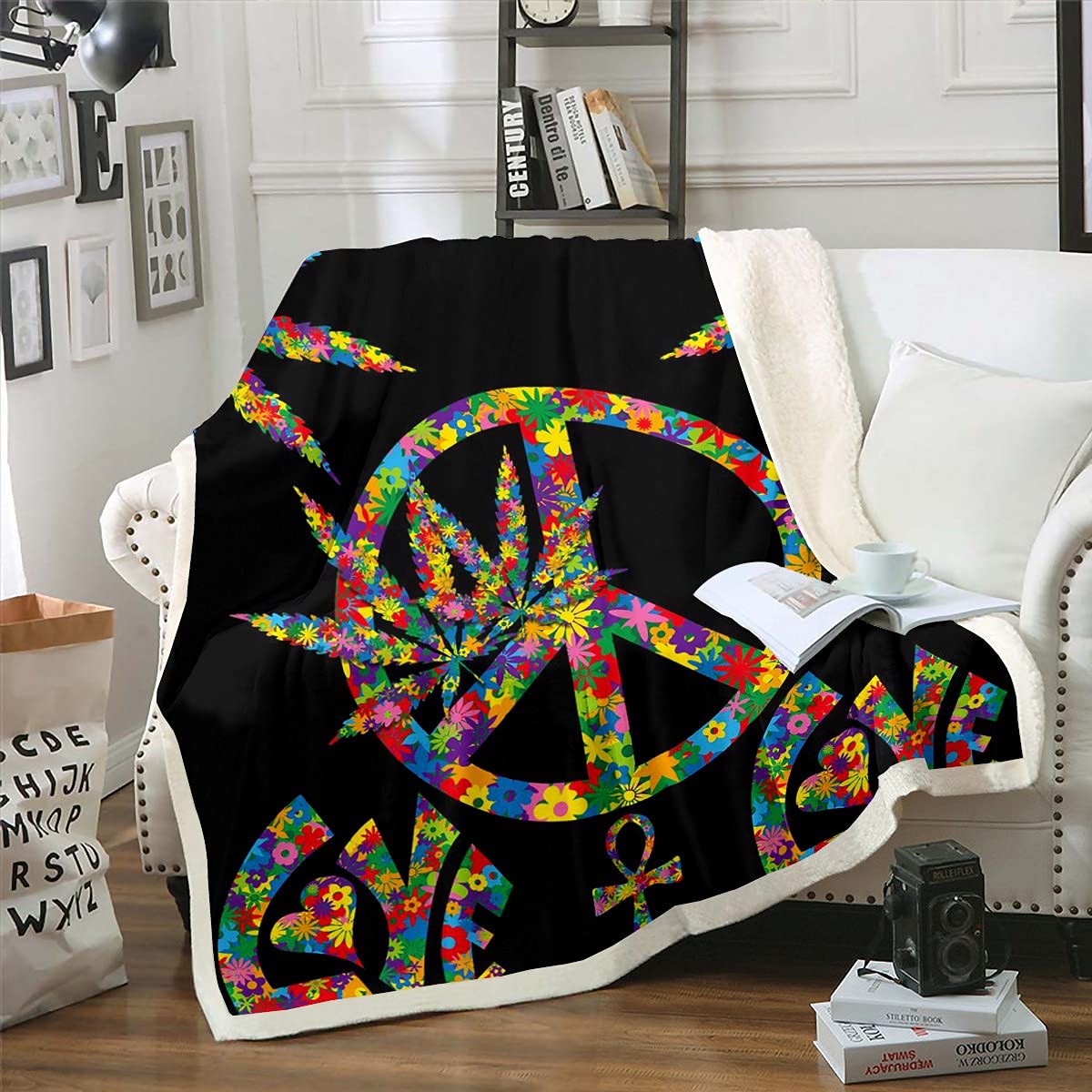 Soft Cannabis Leaf Sherpa Fleece Blanket - Trippy Floral Peace Sign Throw for Teens & Adults - Cozy Fuzzy Blanket for Sofa, Bed, or Dorm Decor - Twin Size 60