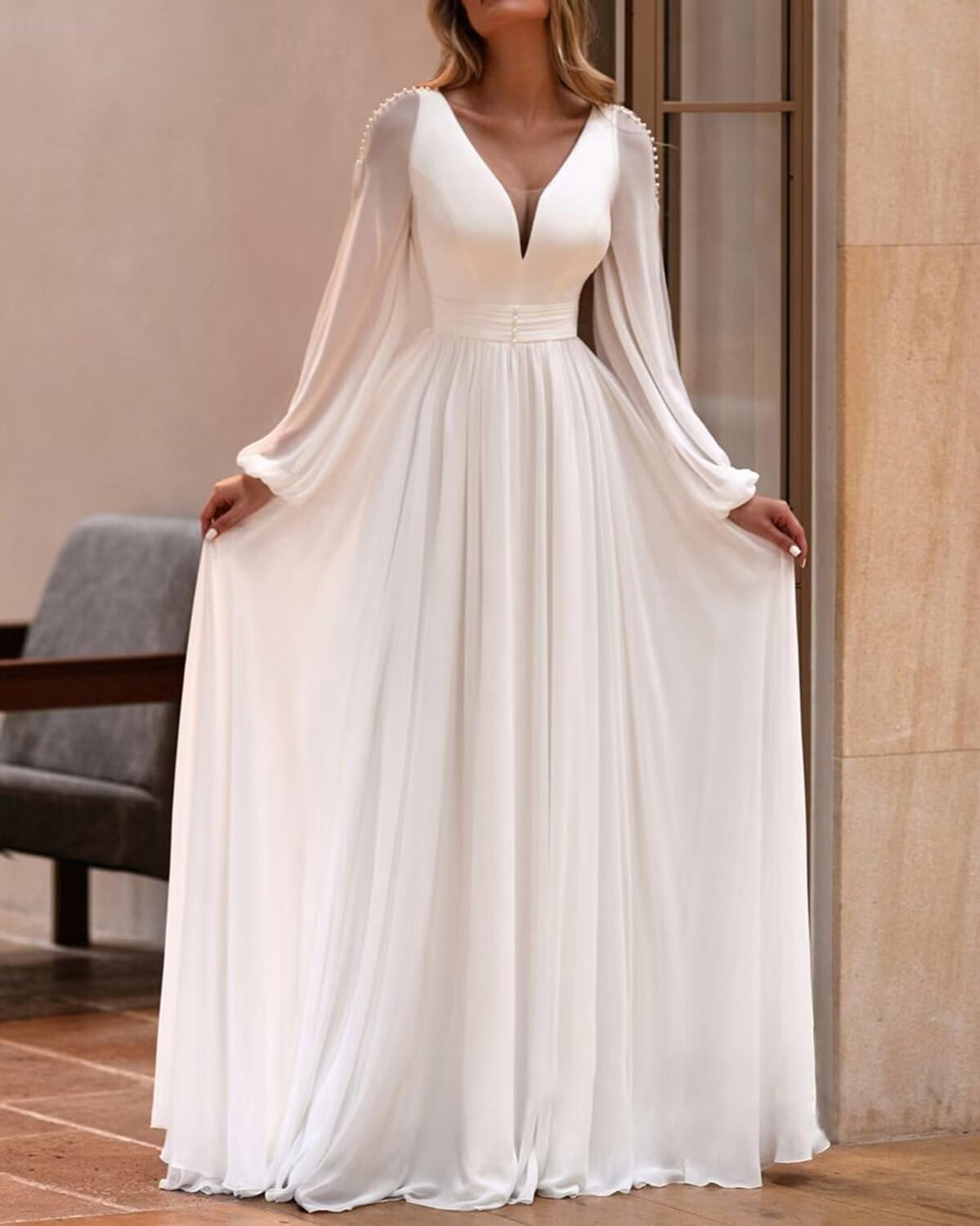 Elegant Chiffon Wedding Dress for Women - Sexy V-Neck Long Sleeve Bridal Gown with Beading & Pleats | Perfect for Church Ceremony, Beach Wedding & Formal Reception