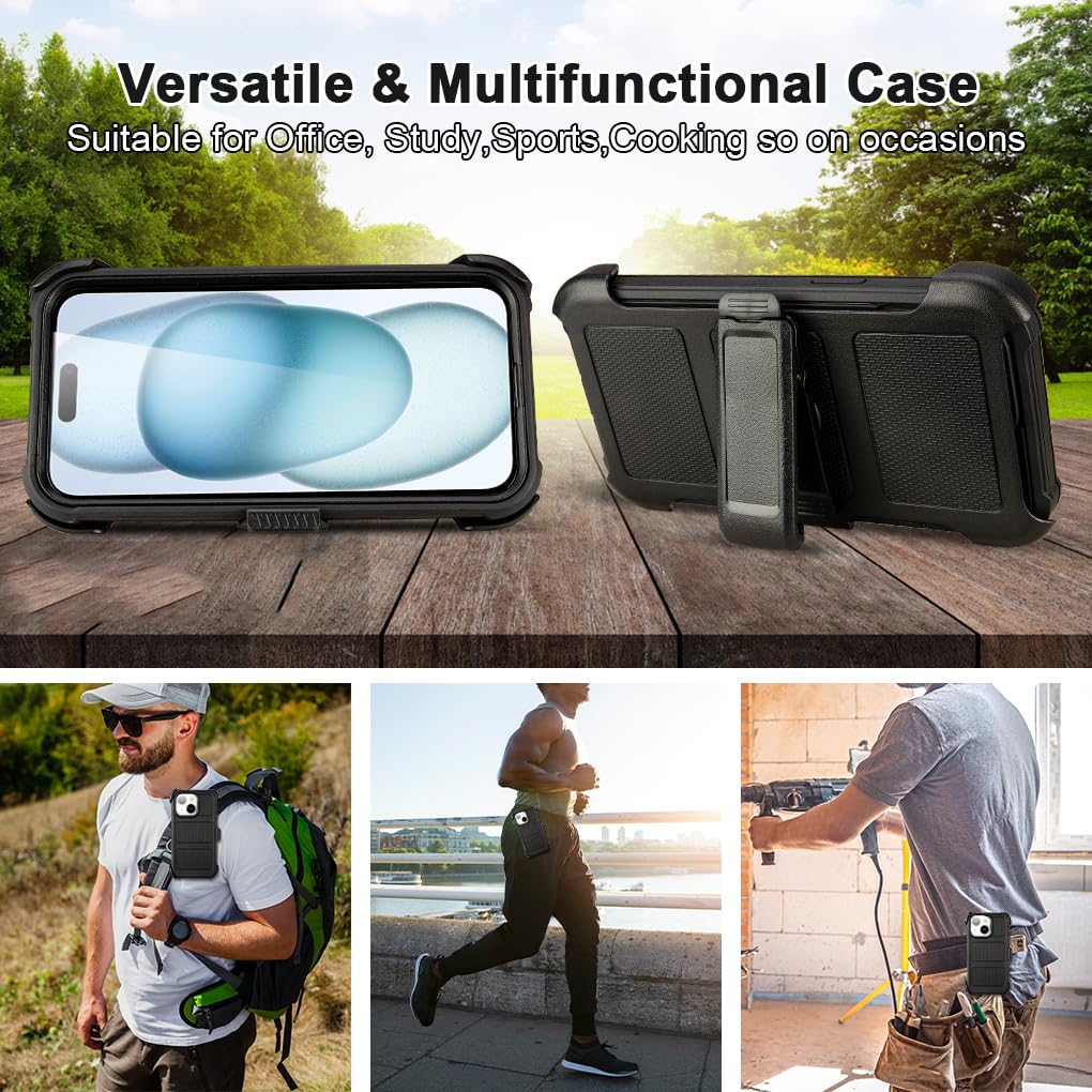 Rugged Heavy Duty iPhone 13 Case with Clip & Kickstand - 2-Layer Protective Phone Cover | Anti-Drop Shockproof Holster Case for Outdoor, Work & Adventure (Black)