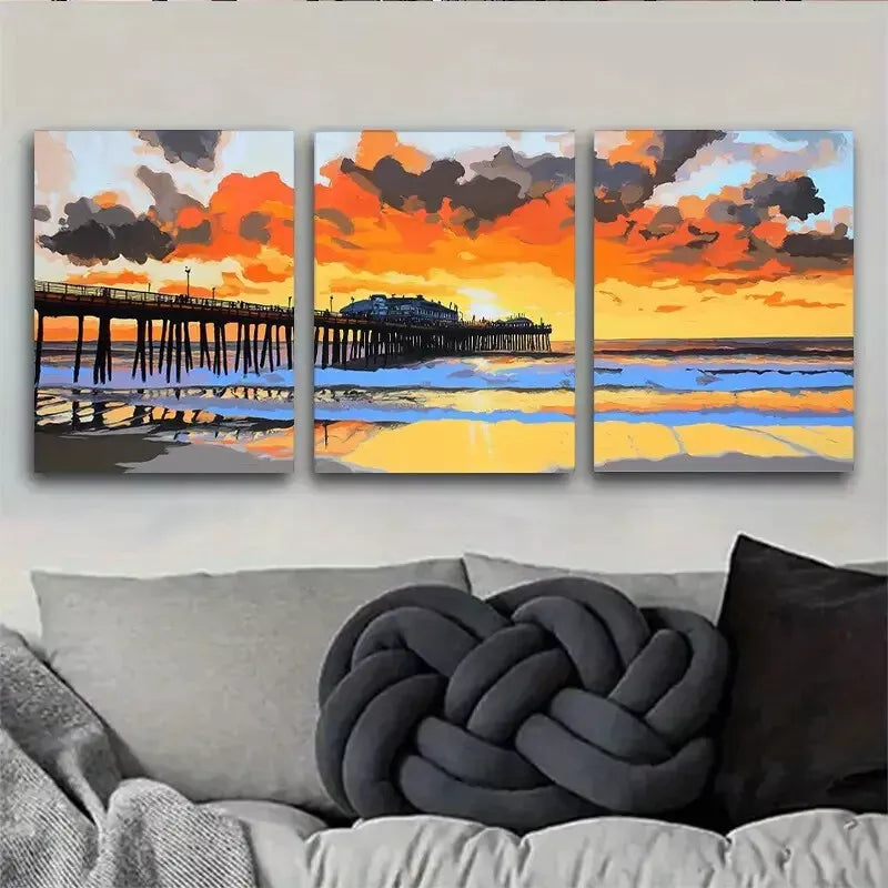 3-Piece Abstract Coastal Sunset Pier Seascape Canvas Wall Art Set - 50x70cm Framed Ready-to-Hang High Quality Print | 100% Australian Made | Perfect for Living Room, Bedroom & Beach House Decor