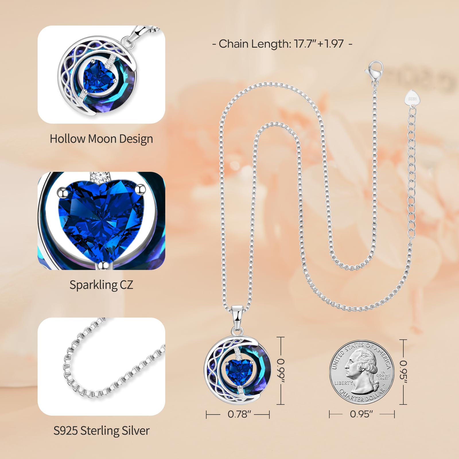 LIANYU Women's Sapphire Necklace - Elegant Jewelry Gift for Wife, Girlfriend, Mom - Perfect for Birthday, Anniversary & Special Occasions