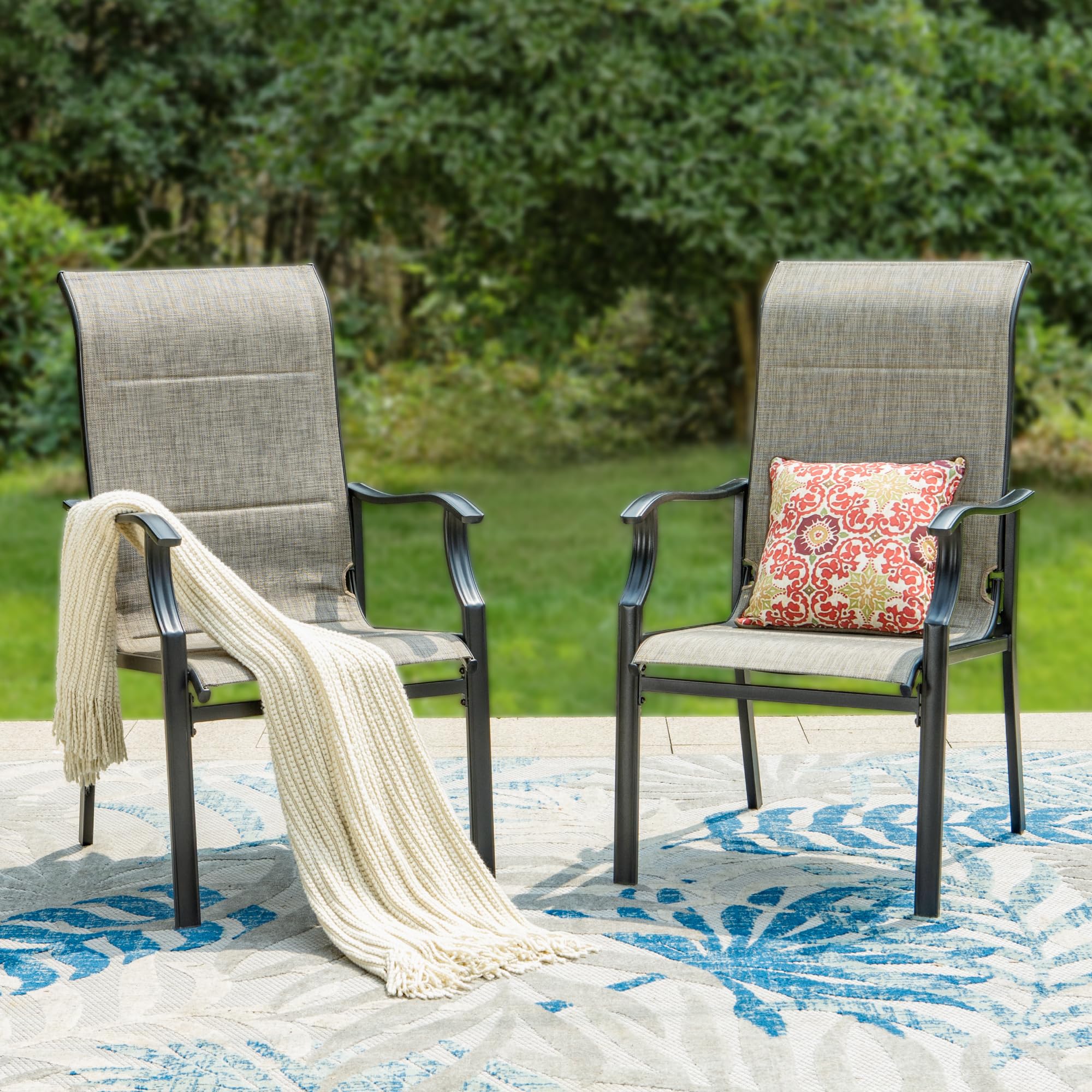 PHI VILLA Outdoor Dining Chairs Set of 2 - High Back Textilene Fabric Padded Armchairs with Rust-Resistant E-Coated Steel Frame for Patio, Porch, Deck, Yard - Perfect for Backyard BBQs, Poolside Lounging & Garden Relaxation