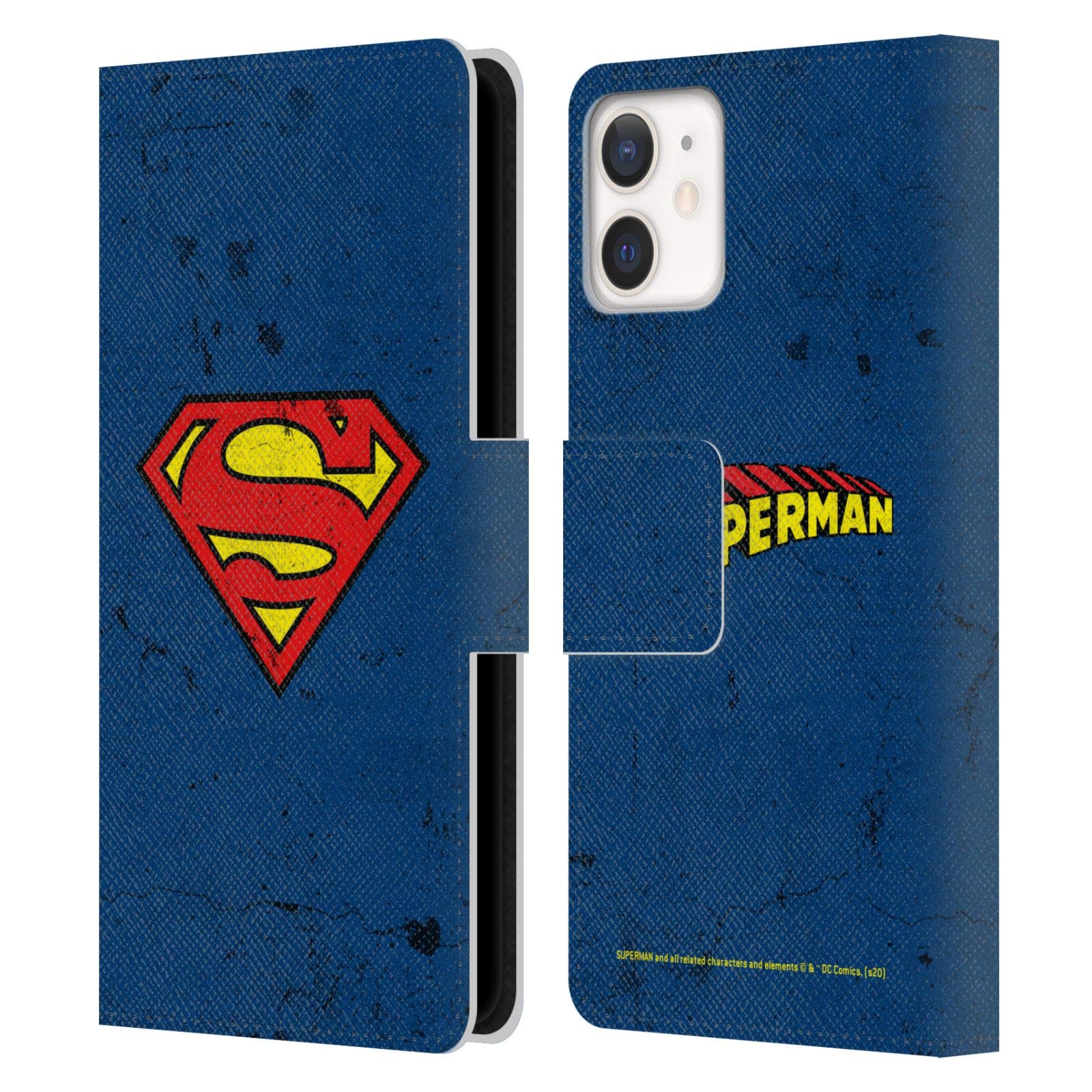 Superman DC Comics Distressed Logos Leather Book Wallet Case Cover for Apple iPhone 12 Mini | Officially Licensed by Head Case Designs | Perfect for Daily Use and Travel