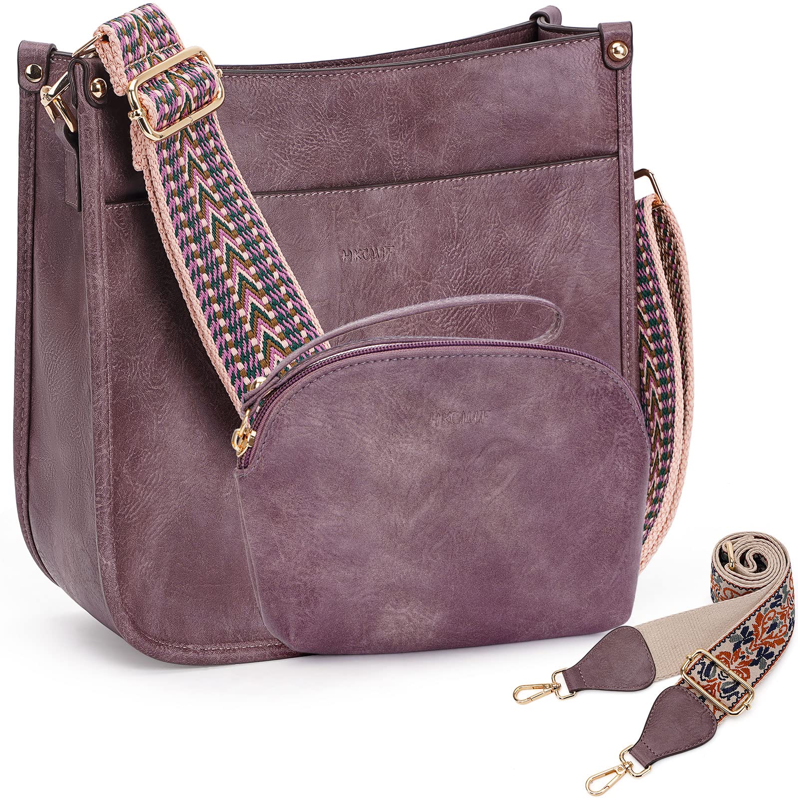 HKCLUF Women's Leather Crossbody Bag & Wallet Set - 2PCS Adjustable Shoulder Bag with Guitar Strap | Fashion Hobo Purse for Daily Use, Travel & Shopping