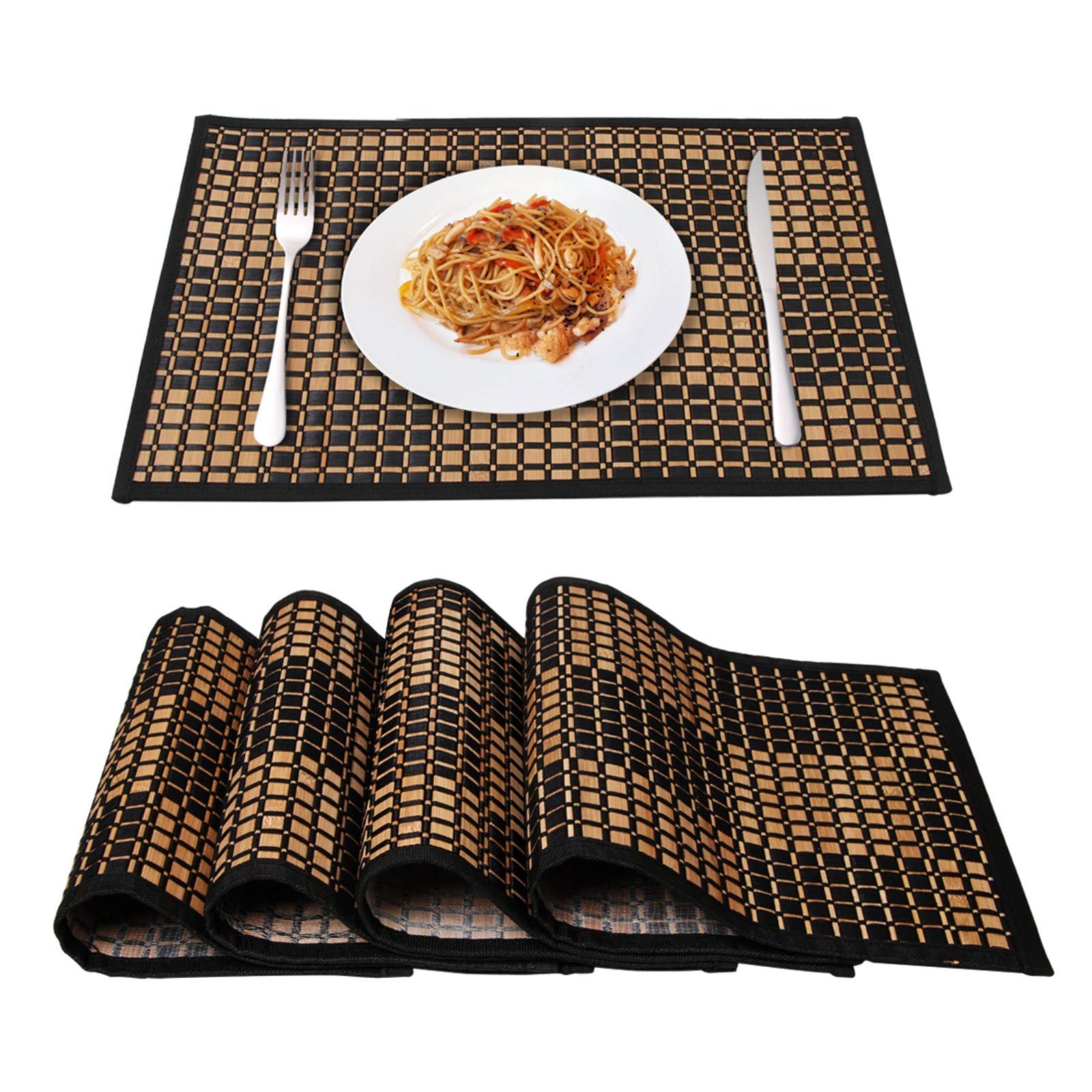 Premium Bamboo Placemats Set of 4 - Stain & Heat Resistant Dining Table Mats - 13x18 Inch Black Kitchen Placemats for Everyday Use, Dinner Parties & Holiday Gatherings