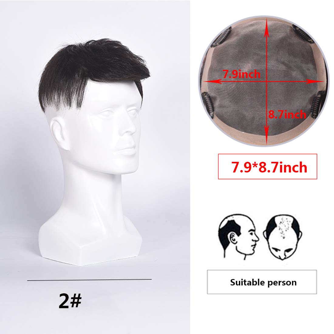 Natural Black Human Hair Toupee for Men - Hand-Tied Lace Hairpiece Topper with Clip-In Extensions (7.9