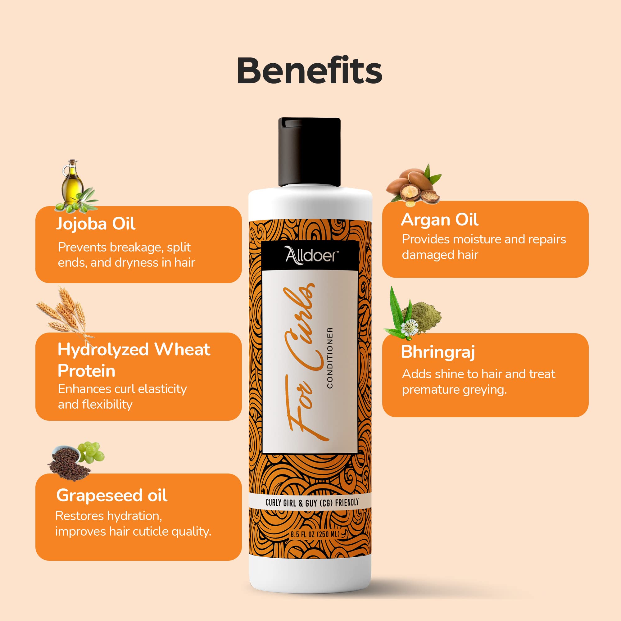 Alldoer Natural Curly Hair Conditioner with Amla, Aloe Vera, Jojoba & Argan Oil - Sulfate & Paraben Free - 250ml | Hydrating & Frizz Control for Curly Hair | Perfect for Daily Hair Care & Salon-Quality Results at Home
