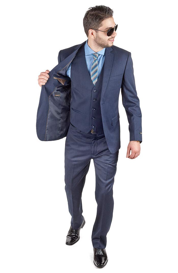 AZAR MAN Slim Fit 3 Piece Vest Navy Blue Suit - 2 Button Notch Lapel Formal Wear for Weddings, Business Meetings & Special Occasions