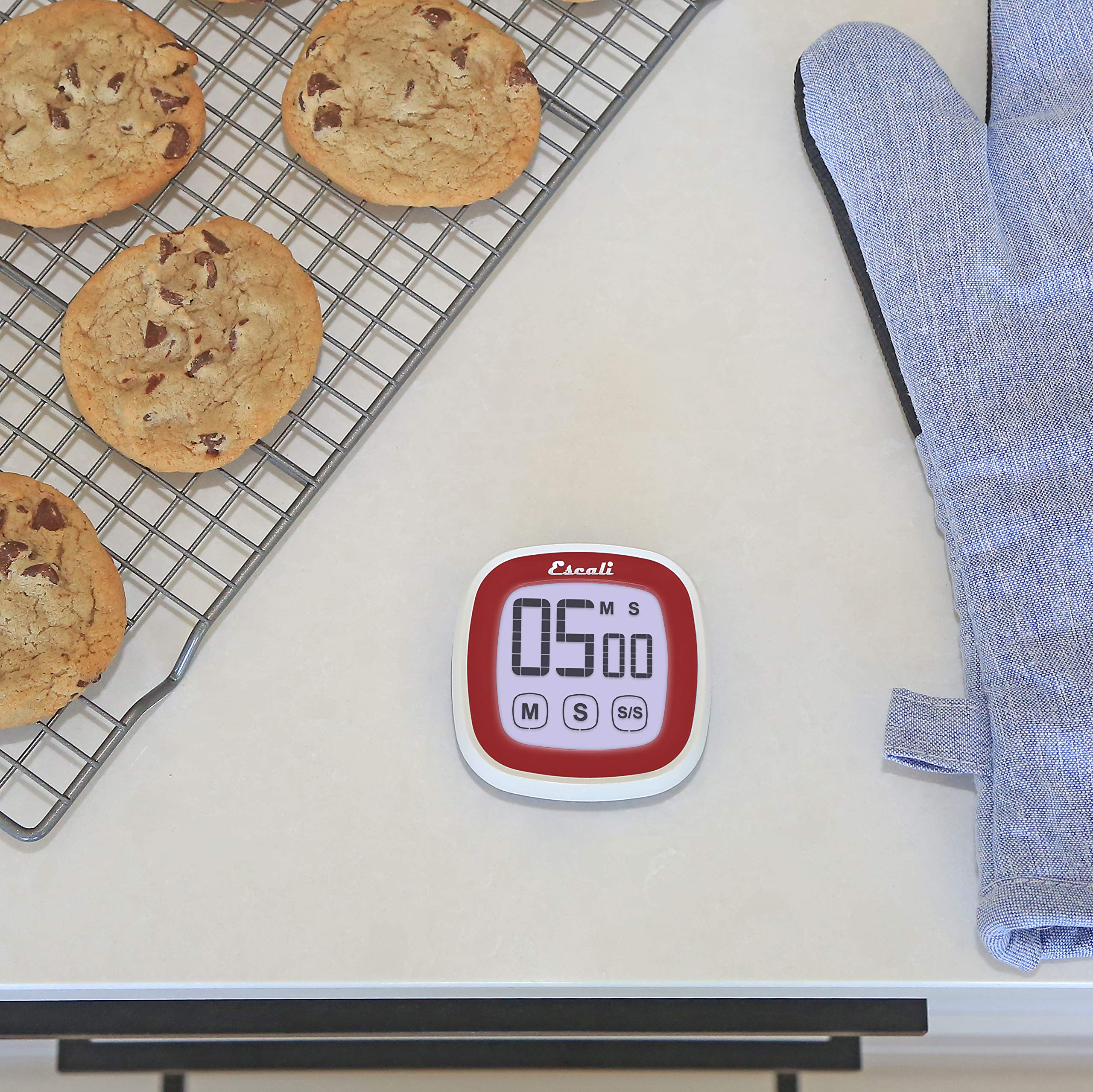 Escali Digital Kitchen Timer with Touch Screen LCD Display - Easy to Read, Battery Saving, Touch Sensitive Controls for Cooking, Baking, Workouts & More (Red)