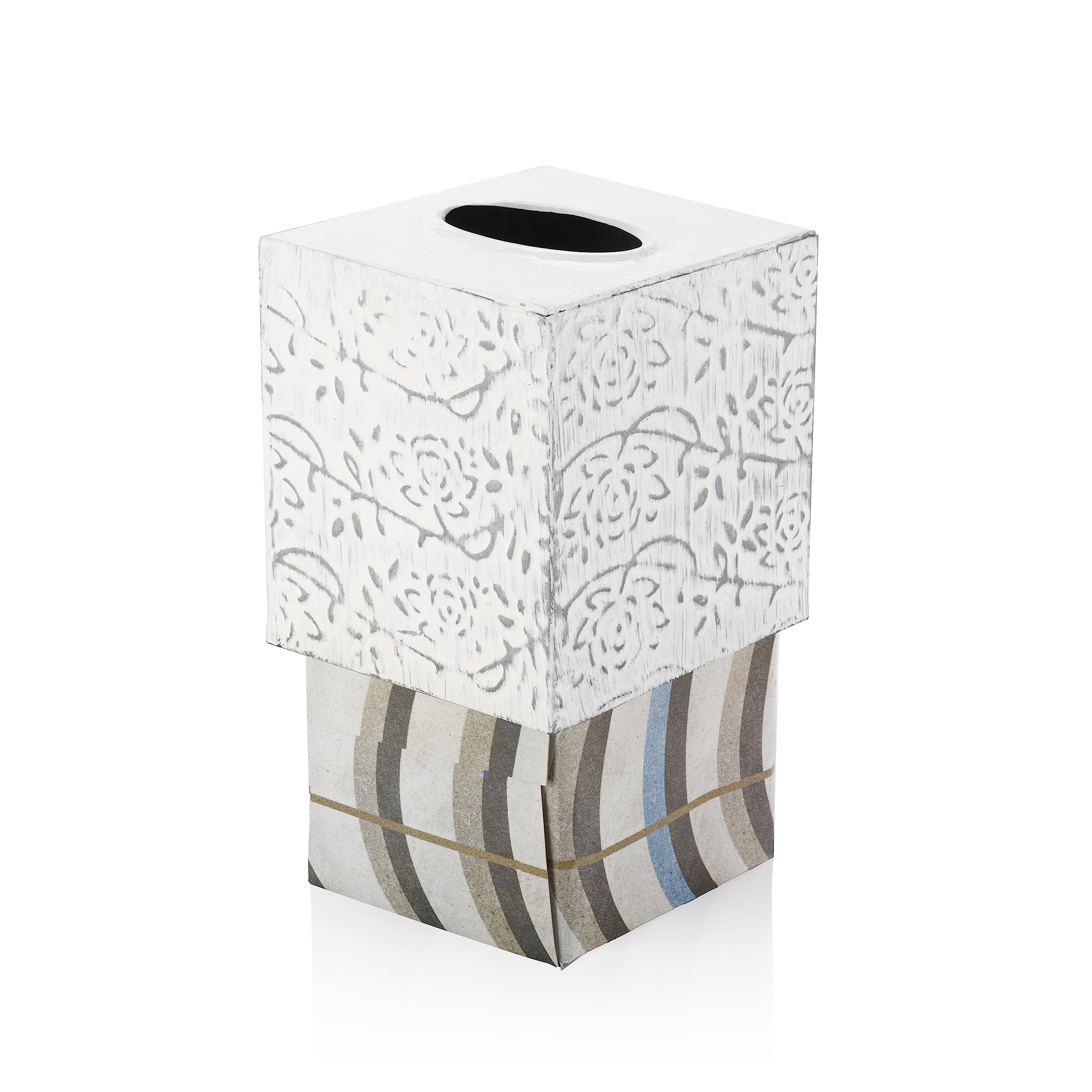 Modern Farmhouse Tissue Box Cover - Decorative Square Kleenex Holder in Distressed White & Rustic Metal - Country Chic Bathroom & Living Room Decor
