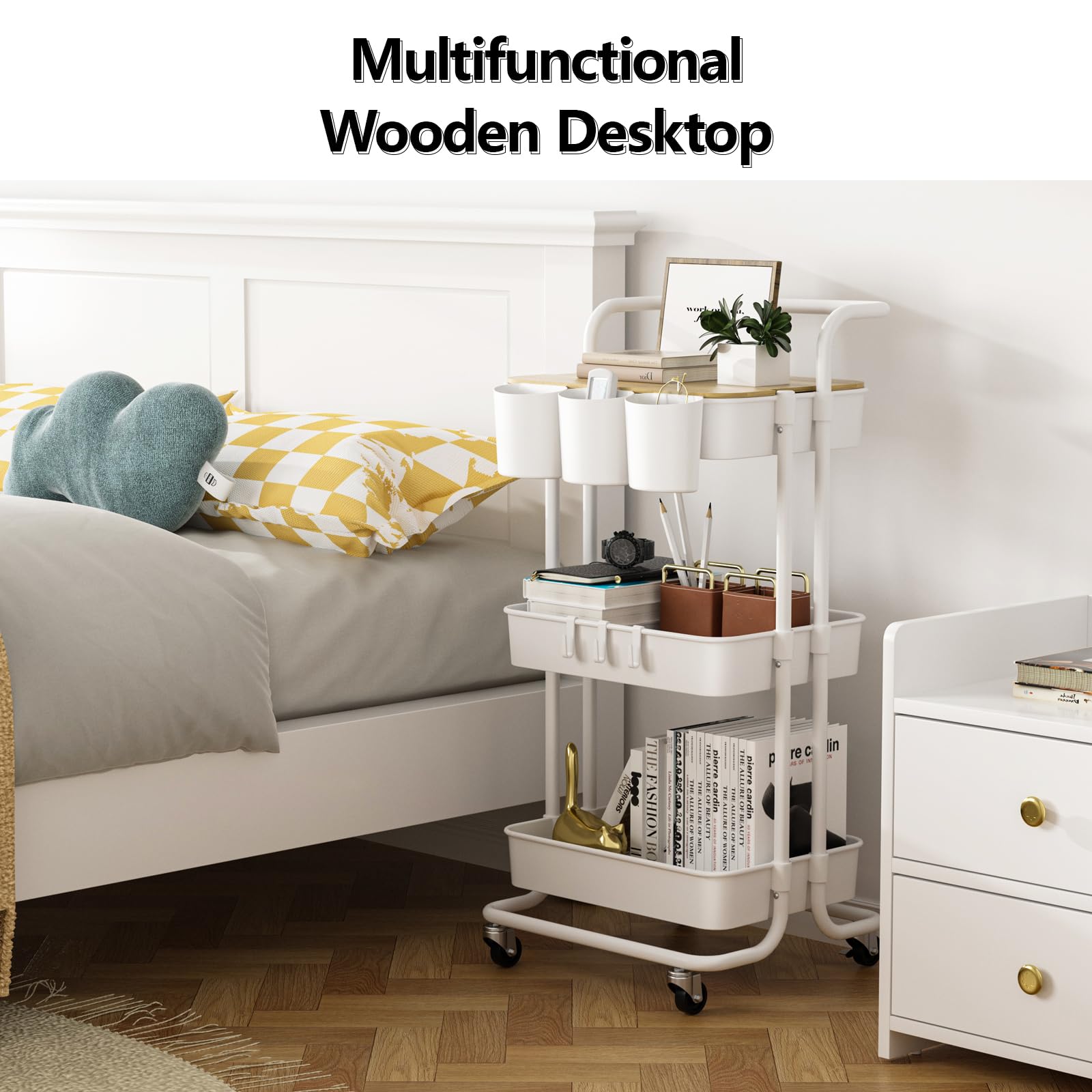 3-Tier Rolling Utility Cart with Lockable Wheels, Metal Handle & Storage Baskets - Perfect for Kitchen, Bathroom, Office & Classroom Organization - White