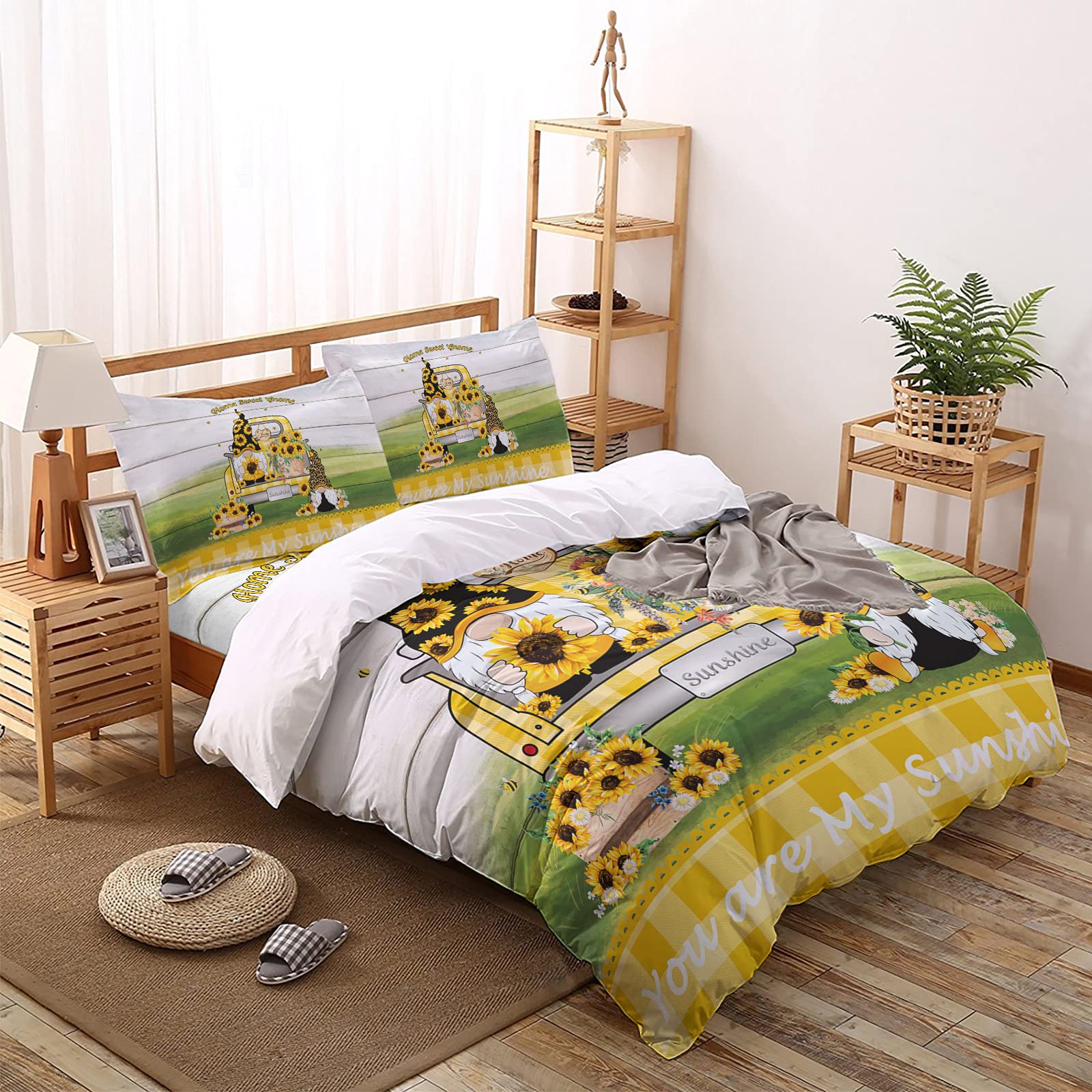 Sunflower Gnome Truck Duvet Cover Set - 4 Piece Yellow Plaid Wood Grain Bedding Set (Full Size, 1 Duvet Cover + 1 Flat Sheet + 2 Pillowcases) - Breathable All Season Comforter Cover - Perfect for Farmhouse, Rustic & Cozy Bedroom Decor