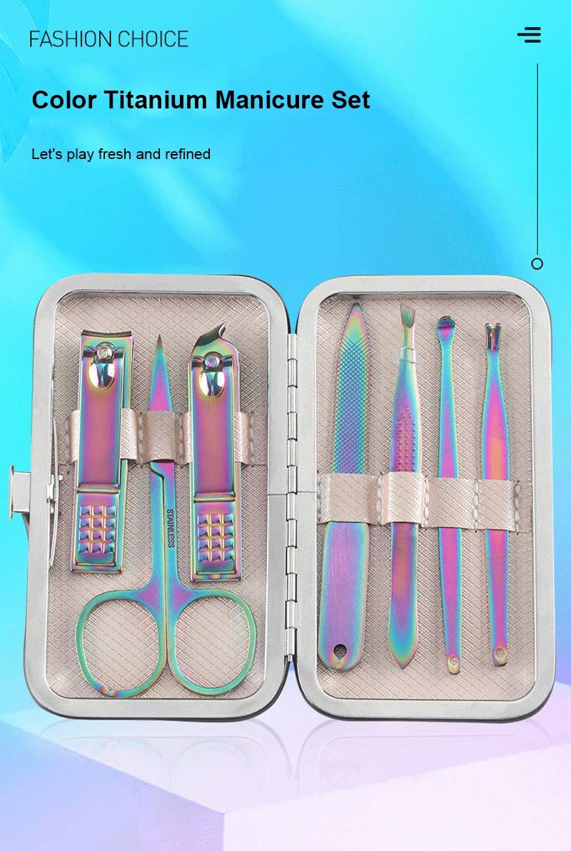 Premium 7-Piece Titanium Nail Clipper Set - Stainless Steel Manicure & Pedicure Tools with Colorful Handles for Professional Nail Care at Home, Salon, or Travel
