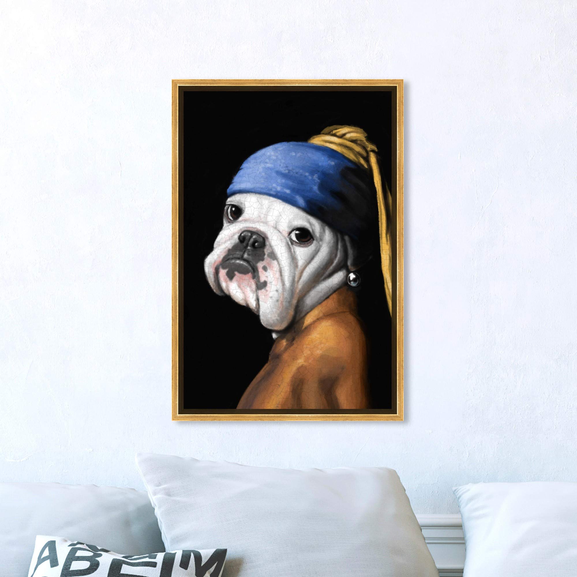 Classic & Figurative Framed Wall Art Canvas Print - 'Carson Kressley Dog with The Pearl Earring' Painting - Home Decor for Living Room, Bedroom & Office