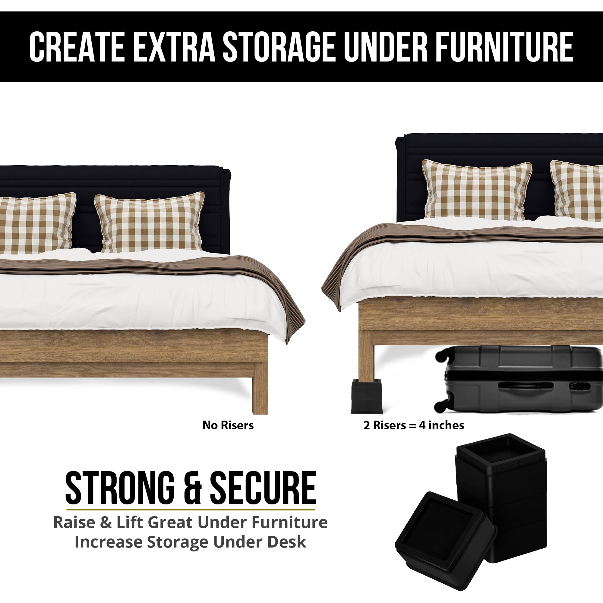 Utopia Bedding 2 Inch Bed Risers - Heavy Duty Furniture Risers with Anti-Slip Foam & Rubber Pads - Pack of 4 Stackable Bed Lifts for Sofa, Bed, Table, Couch & Chair - Perfect for Dorm Rooms, Guest Beds & Home Office (Black)