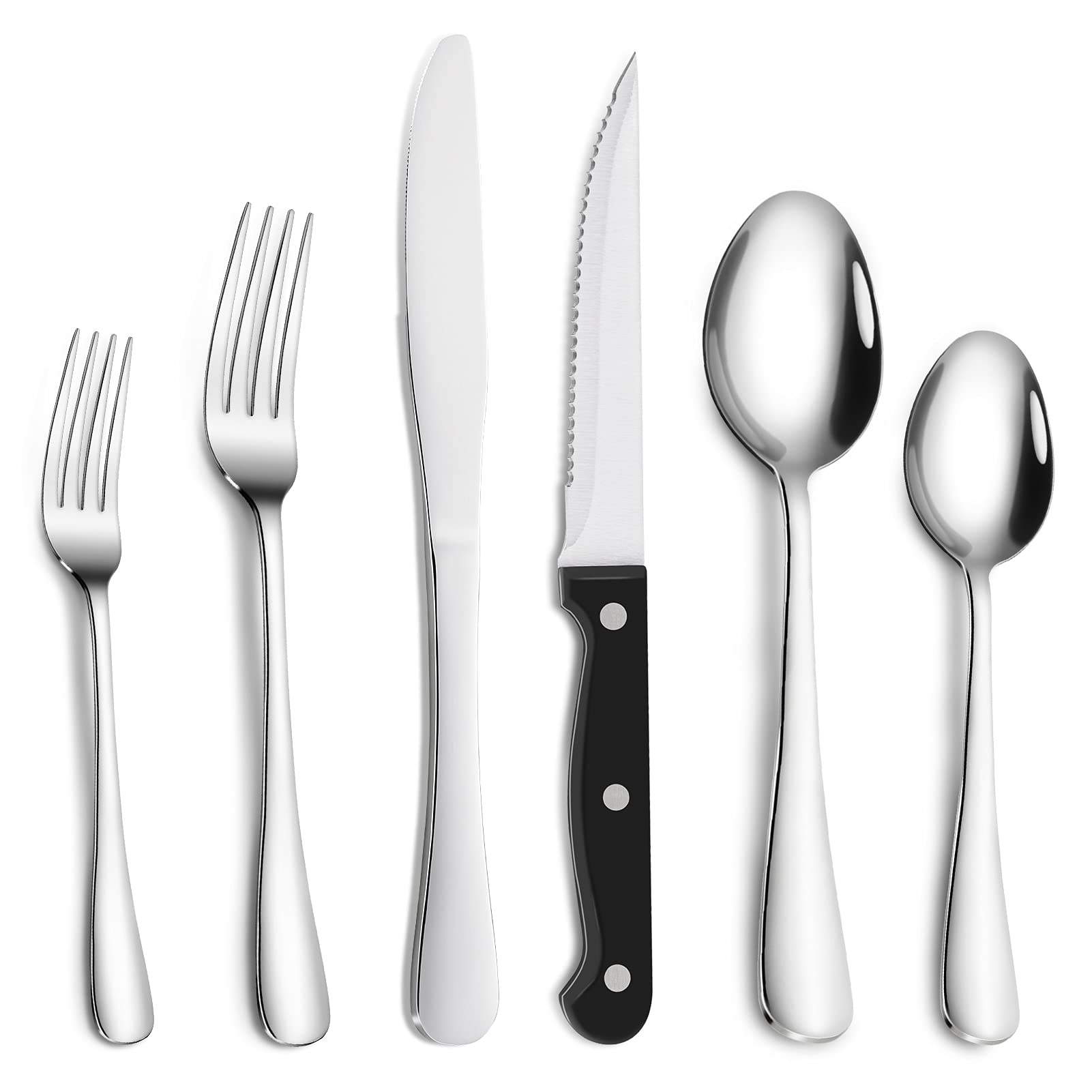 Premium 24-Piece Stainless Steel Silverware Set with Steak Knives - Complete Flatware Set for 4 (Forks, Spoons, Steak Knives) - Dishwasher Safe - Ideal for Dining, Entertaining, and Everyday Kitchen Use