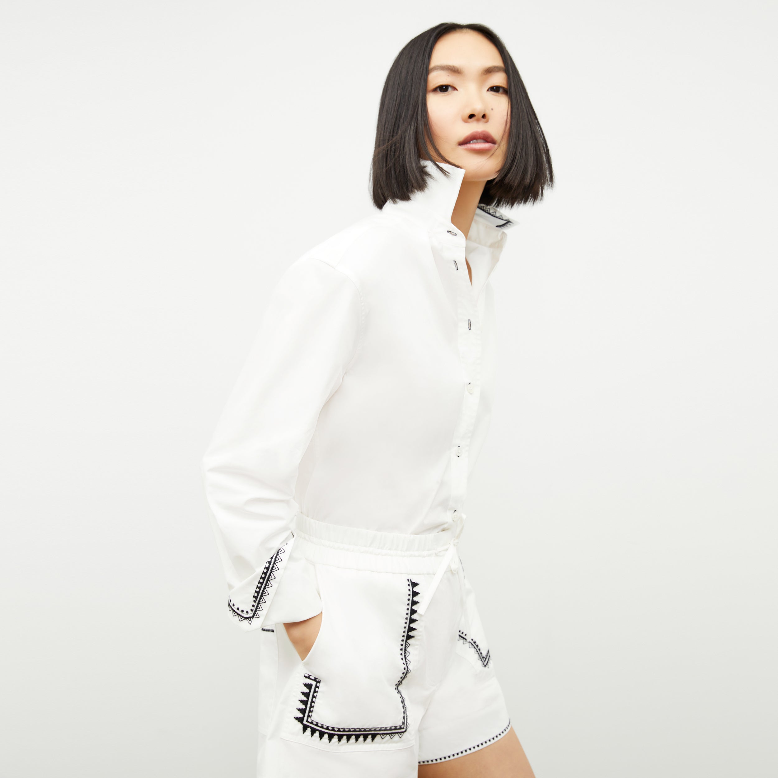 Adina Women's Short Sleeve Poplin Shirt with Embroidery Details - White | Casual Summer Top for Office & Outdoor Activities